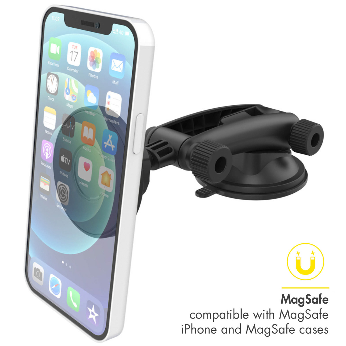 White phone mounted on a black car phone holder. Text says 'MagSafe compatible'. U-shaped icon.