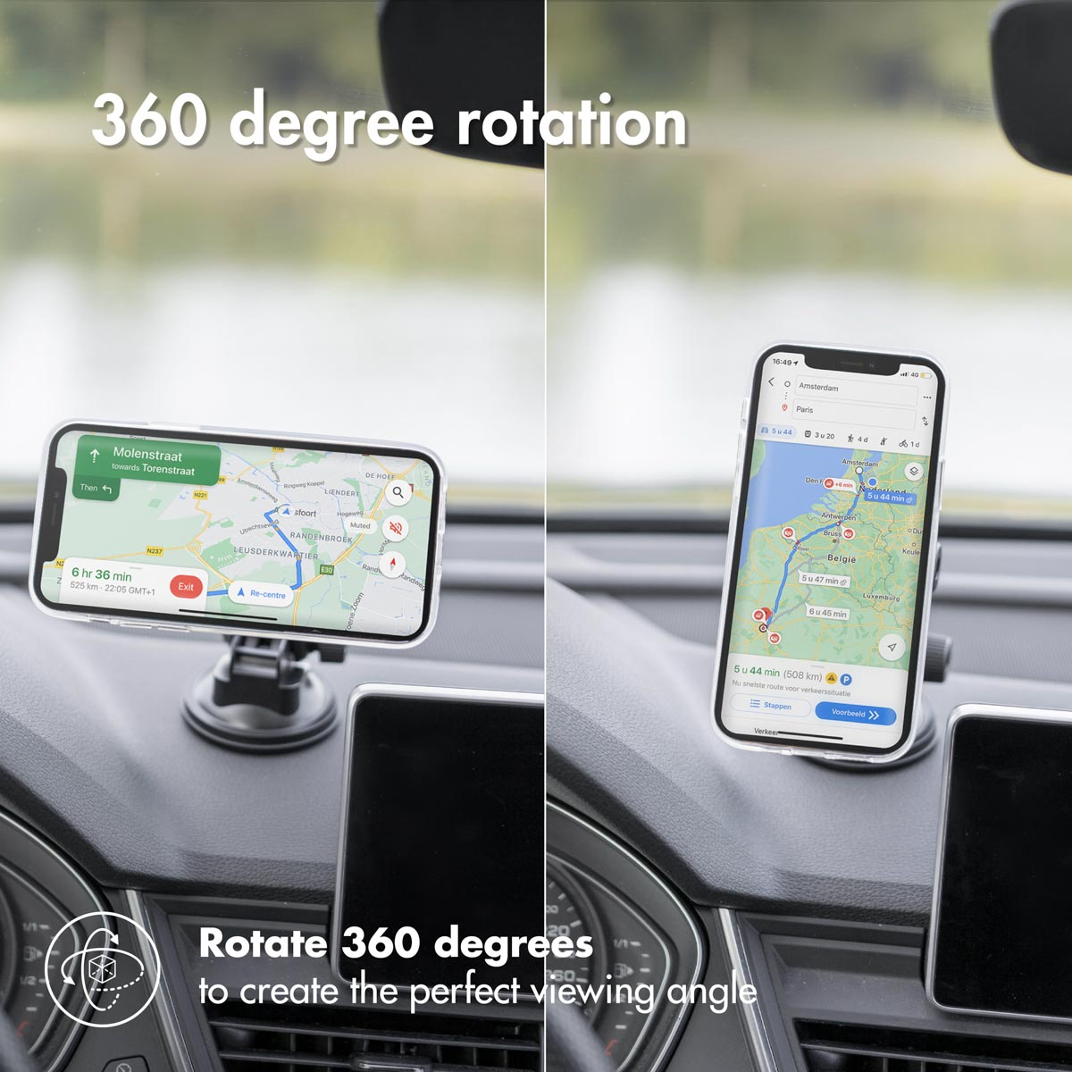 Two phones in car holders. One shows a map, the other a route.