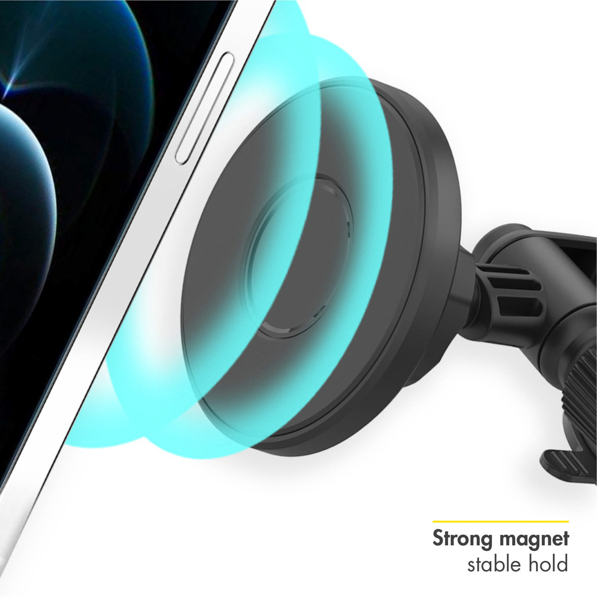 Black car phone holder with a phone and a strong magnet. Phone is white, background is white.