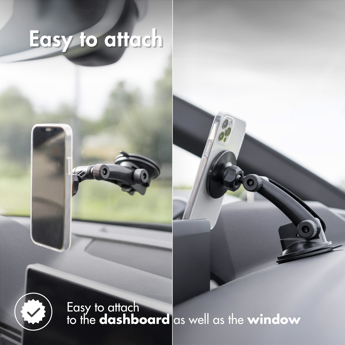 Phone holder in car. Phone attached to dash and window. Black holder and clear phone case.