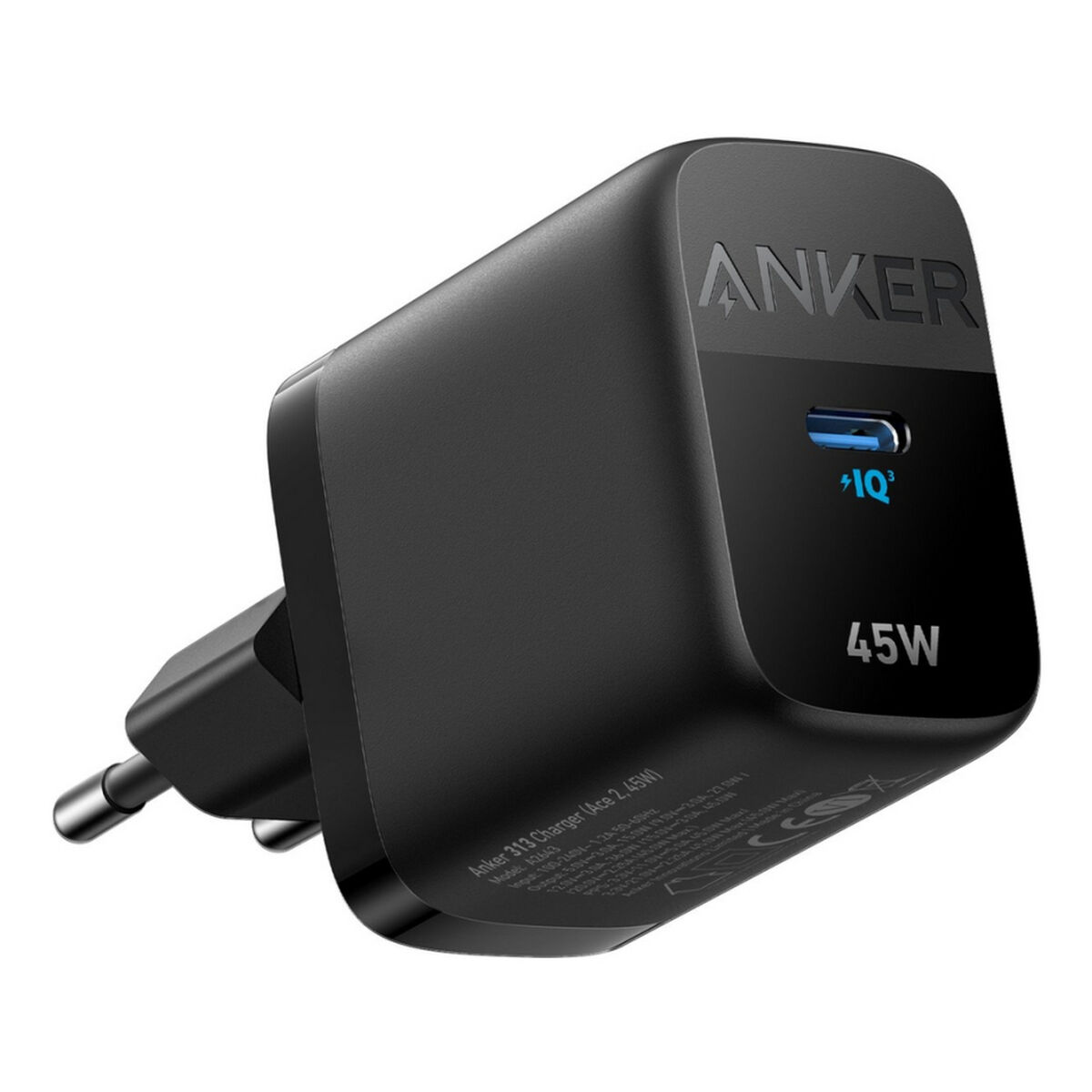 Caricabatterie nero Anker 45W con spina. Logo Anker e IQ3 sulla parte anteriore.