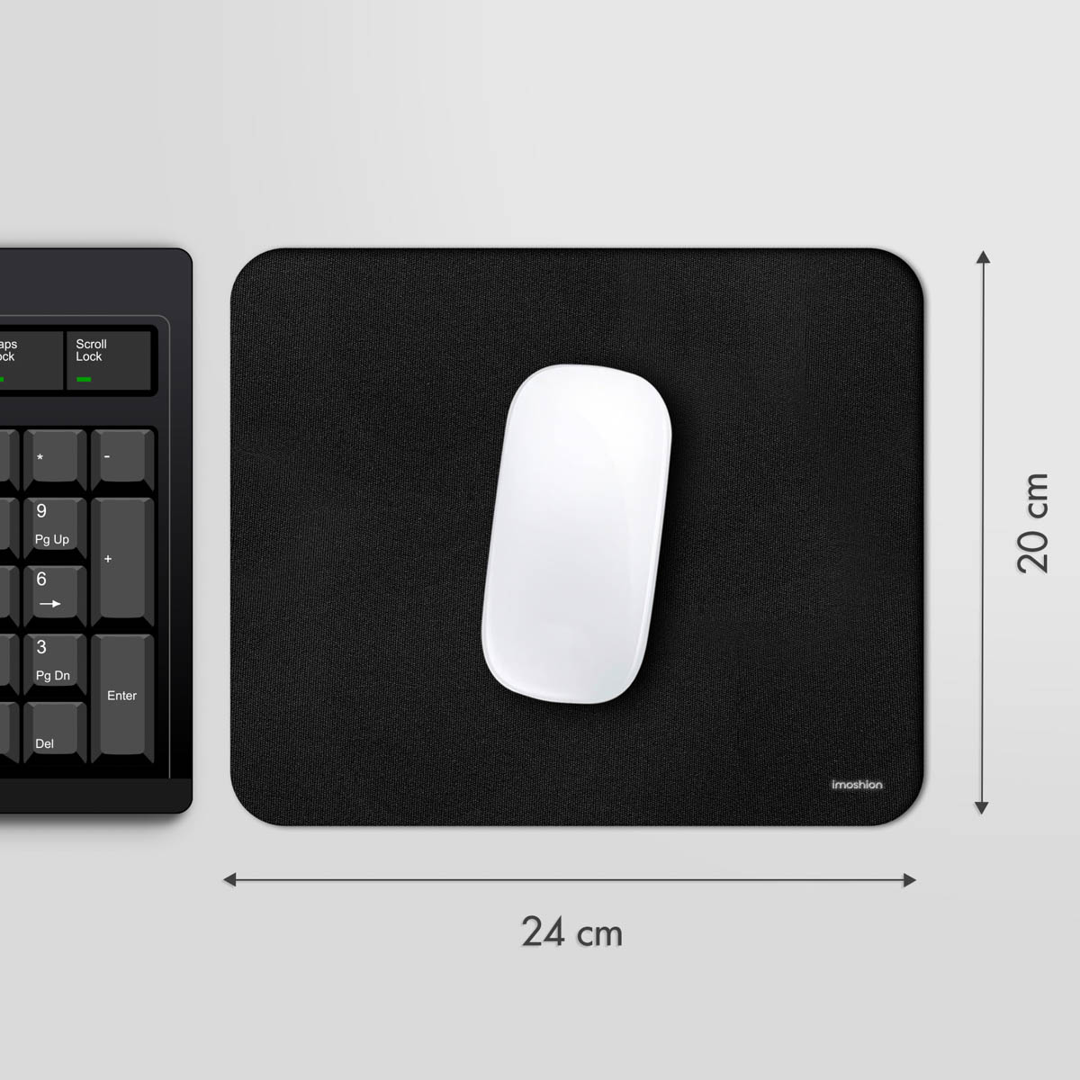 Black mouse and mousepad. Mousepad is black and rectangular. Dimensions of the pad are given.