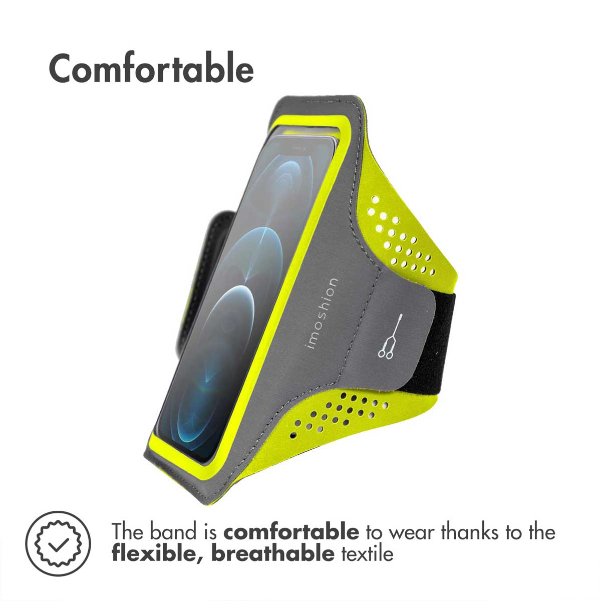 Grey and neon green phone armband with a phone inside, the word "imoshion" is visible.