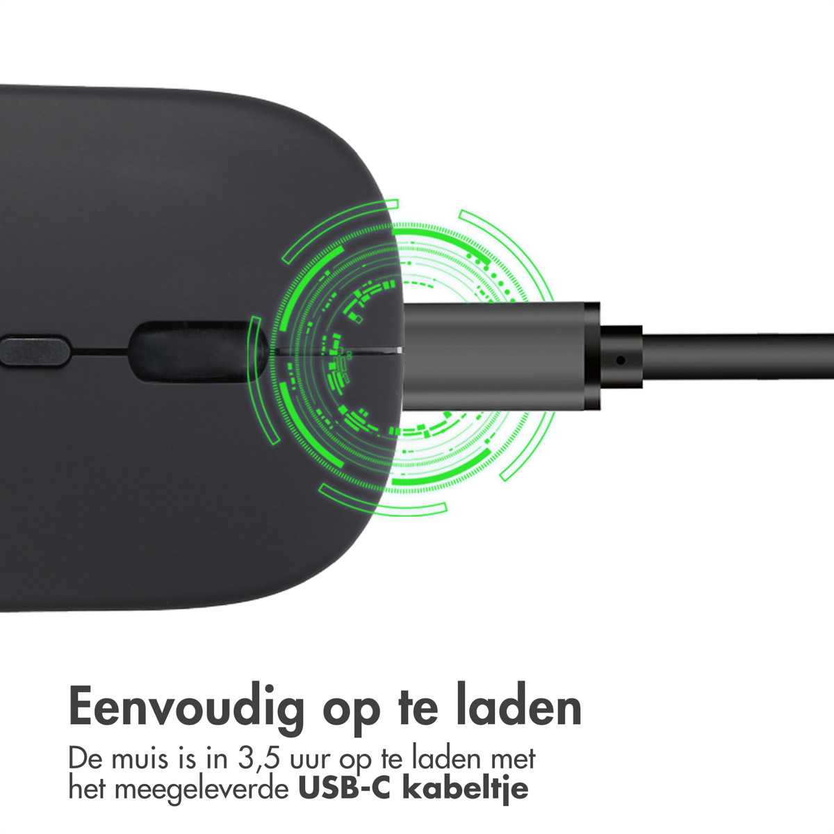Close-up of a black wireless mouse with a USB-C cable connected. Text says: Easy to charge.