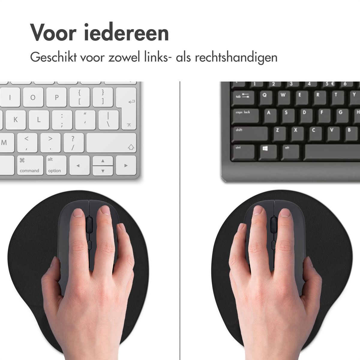 Two hands using a keyboard and a mouse, on mouse pads, for right and left hand.