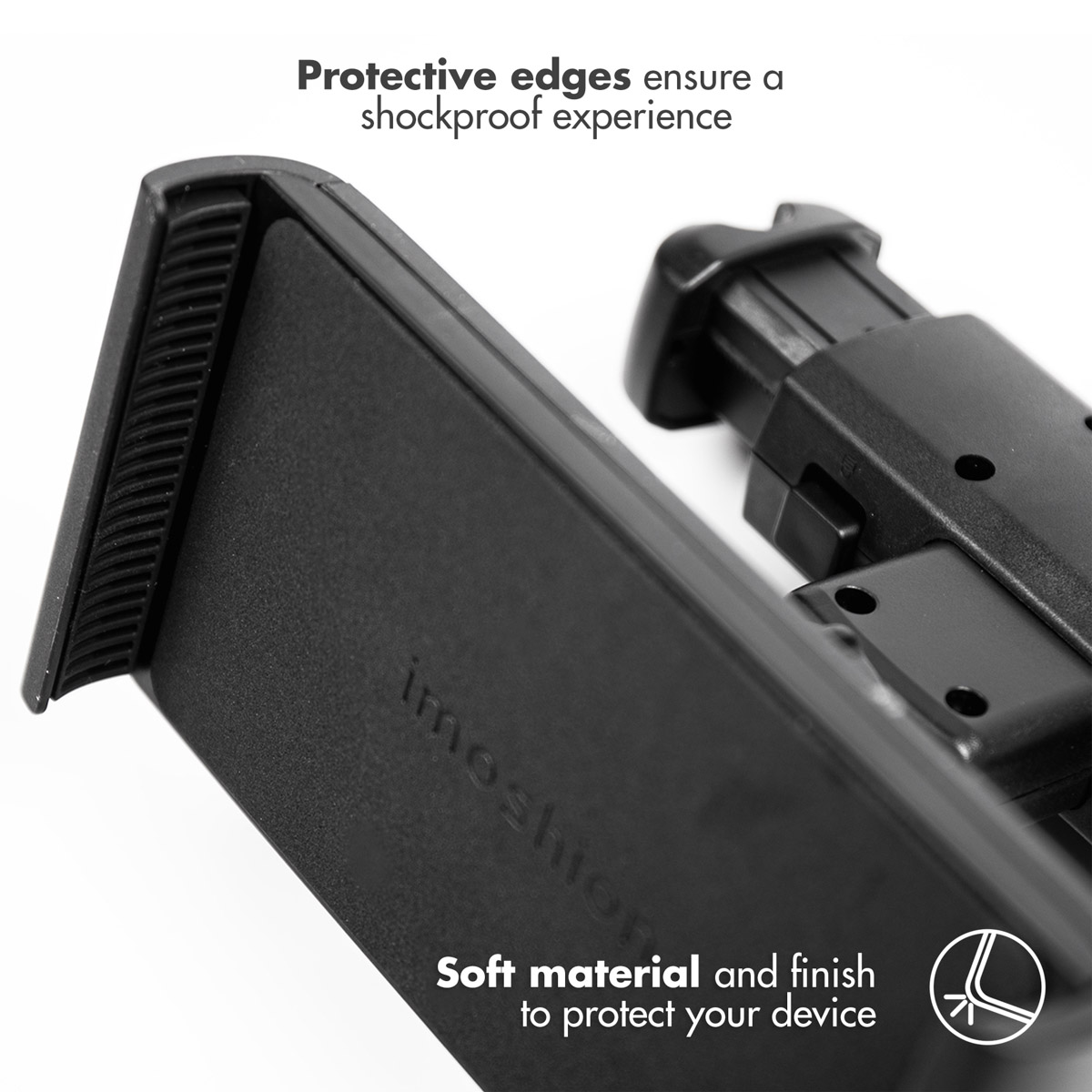 Close up of black phone holder material. Protective edges ensure shockproof experience.