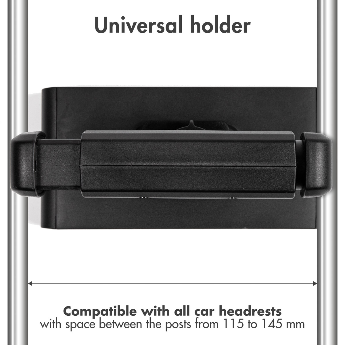 A black car headrest holder. It is compatible with 115-145mm space between posts.