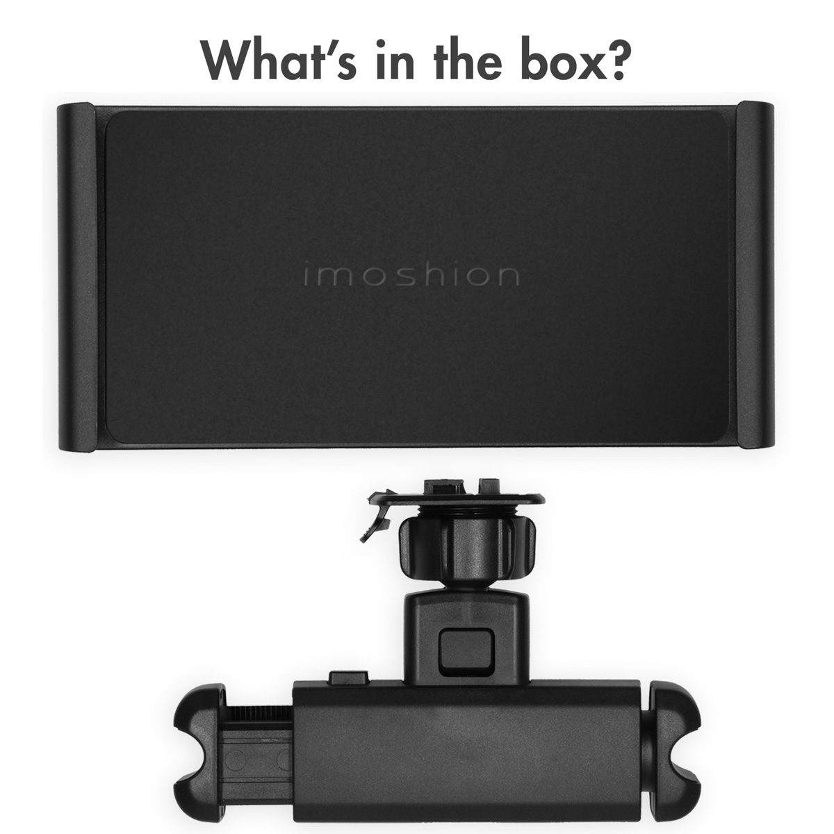 Two black phone accessories displayed, one rectangular and one with a circular adjustment piece.