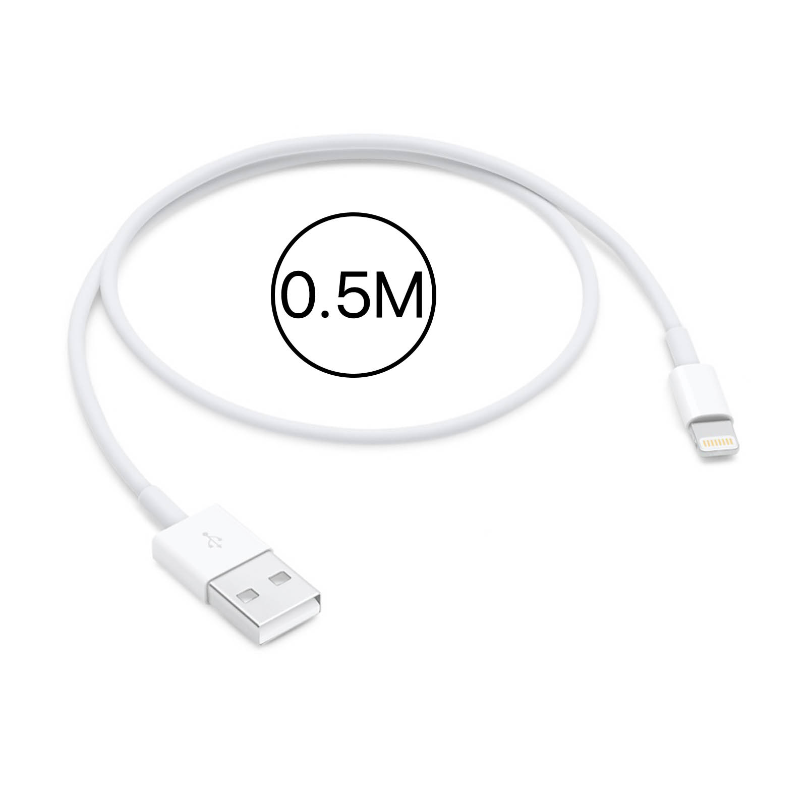 Weißes Ladekabel mit USB- und Lightning-Anschlüssen. Text (0,5 m). Weißer Hintergrund.