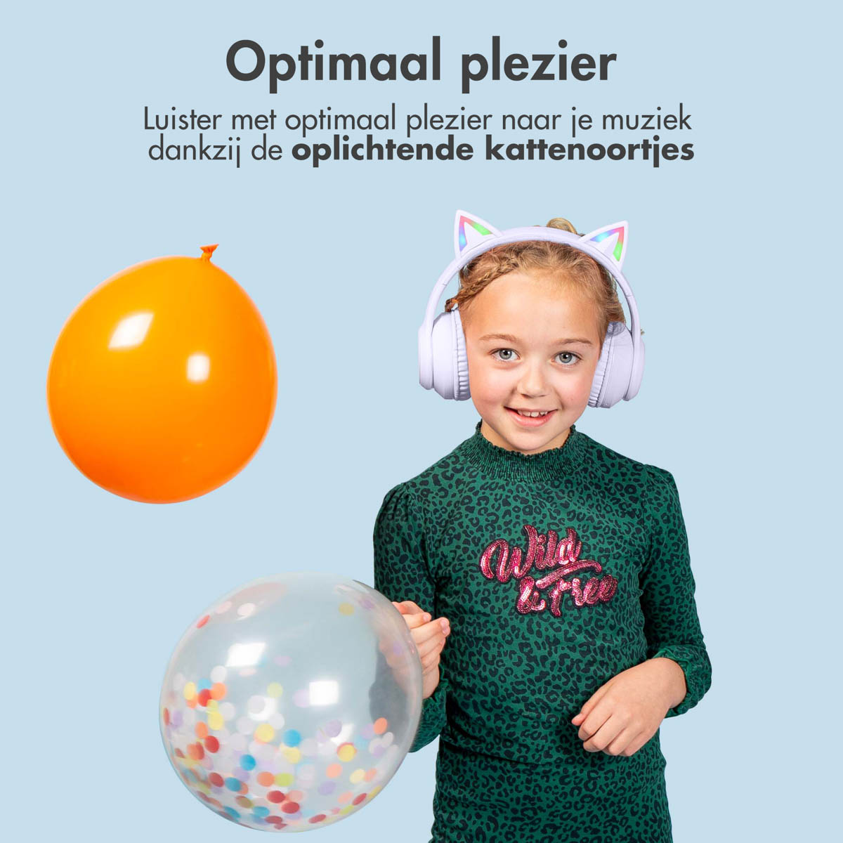 Een meisje met een koptelefoon en twee ballonnen. De tekst zegt: Optimaal plezier.