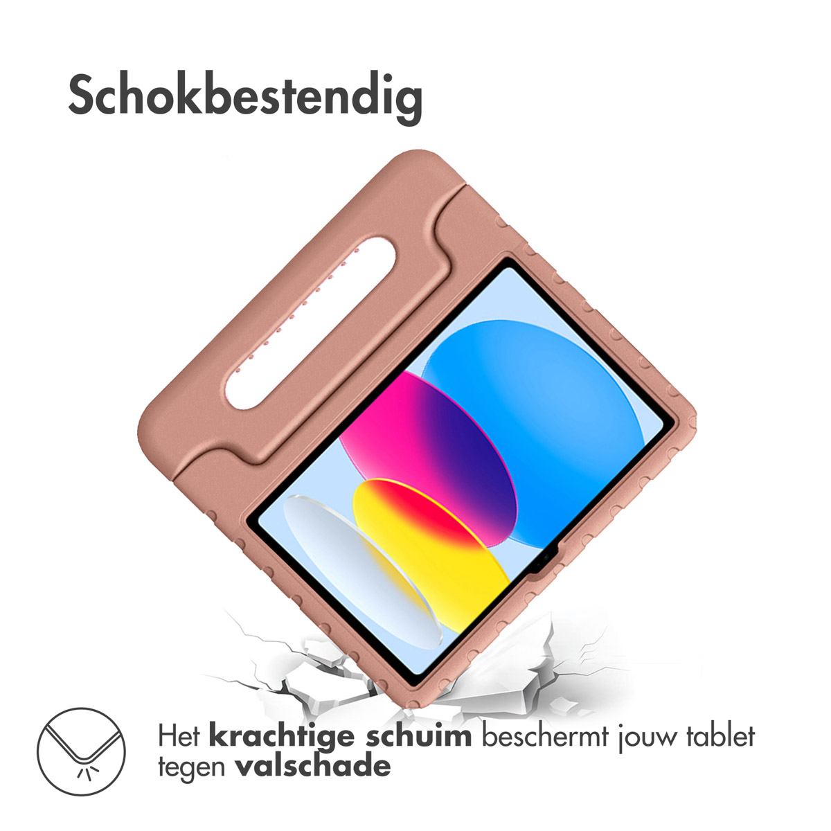 Roze tablethoes, met tablet erin, en de tekst: Schokbestendig.