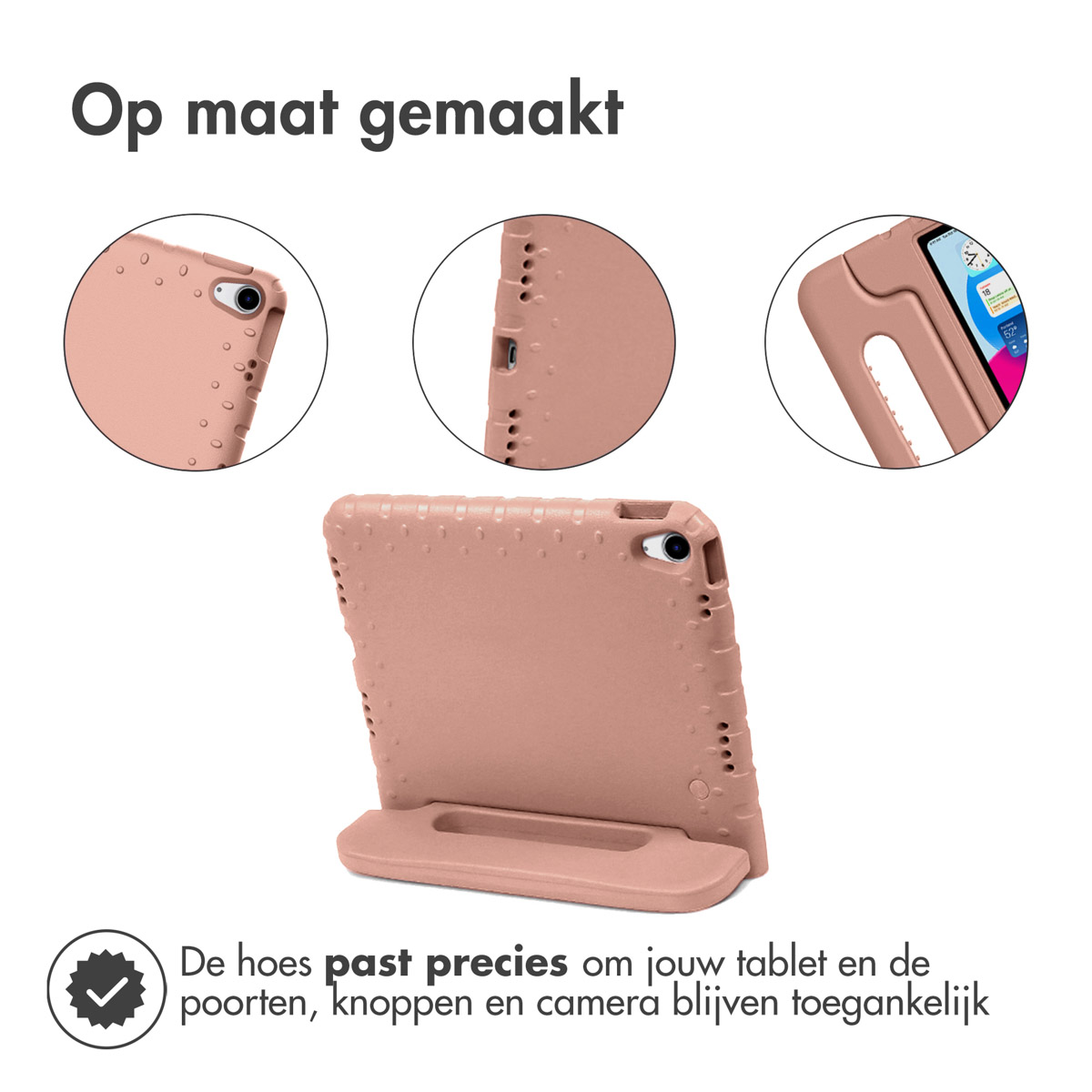 Een roze tablethoes met drie close-ups. De tekst zegt: Op maat gemaakt.