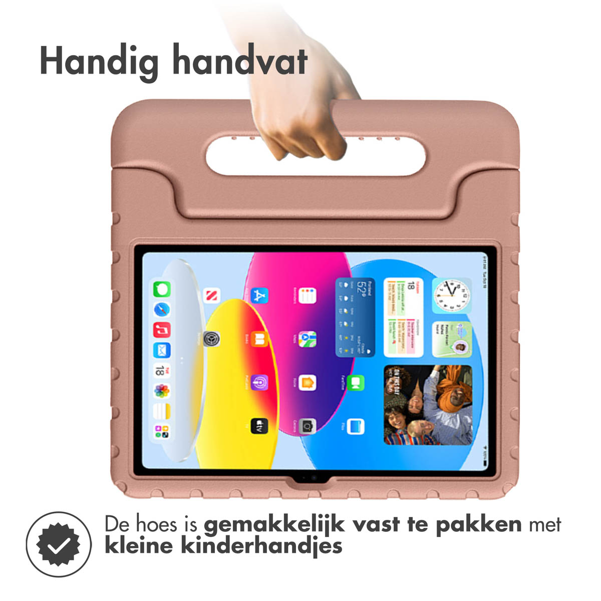 Roze tablethoes met handvat, houdt een tablet vast. De tablet toont app-iconen.