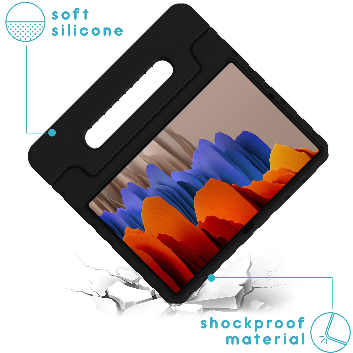 Zwarte tablethoes met tablet erin. Tekst: Schokbestendig materiaal, zachte siliconen.