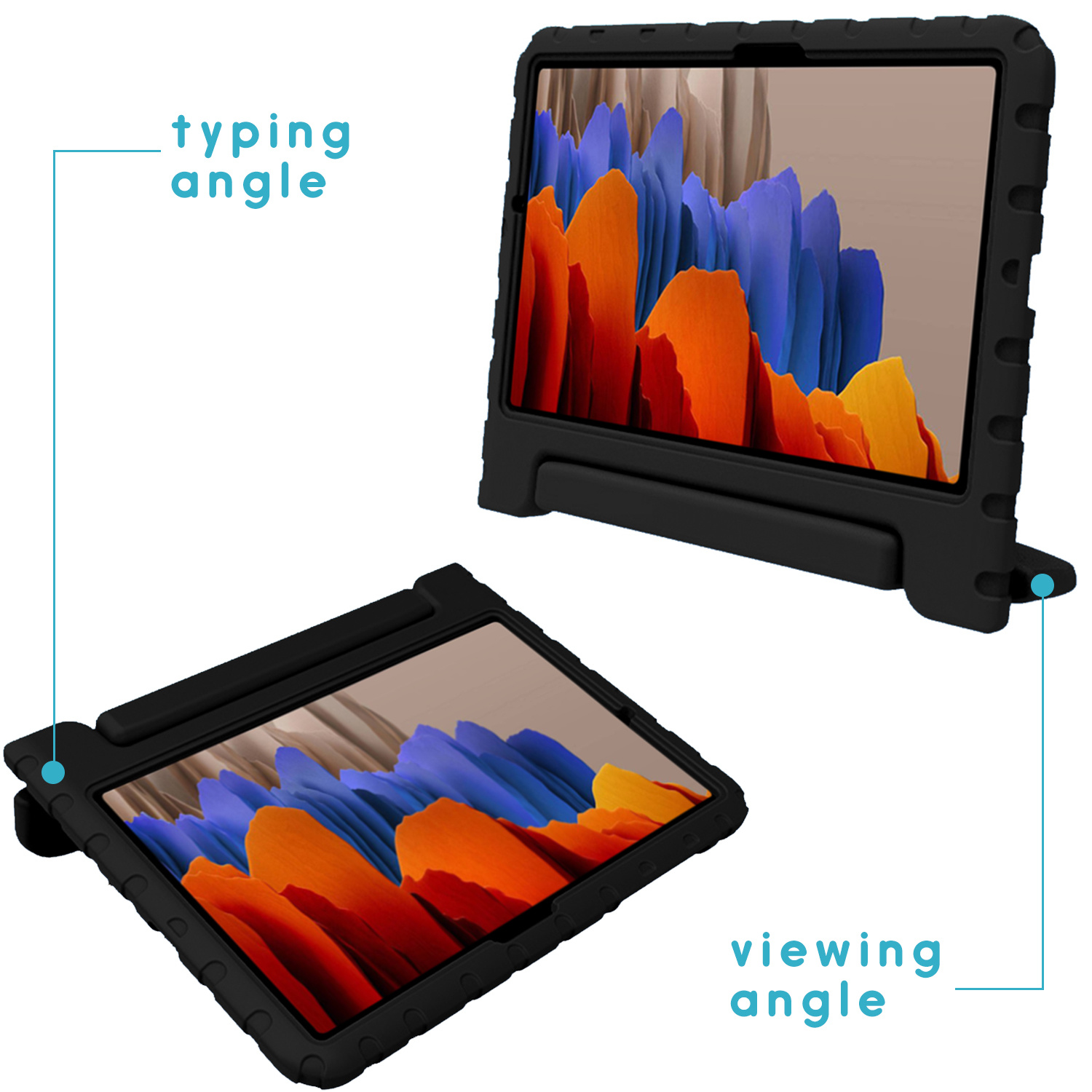 Twee zwarte tablethoezen met typ- en kijkhoek. De tablets tonen een kleurrijke abstracte afbeelding.