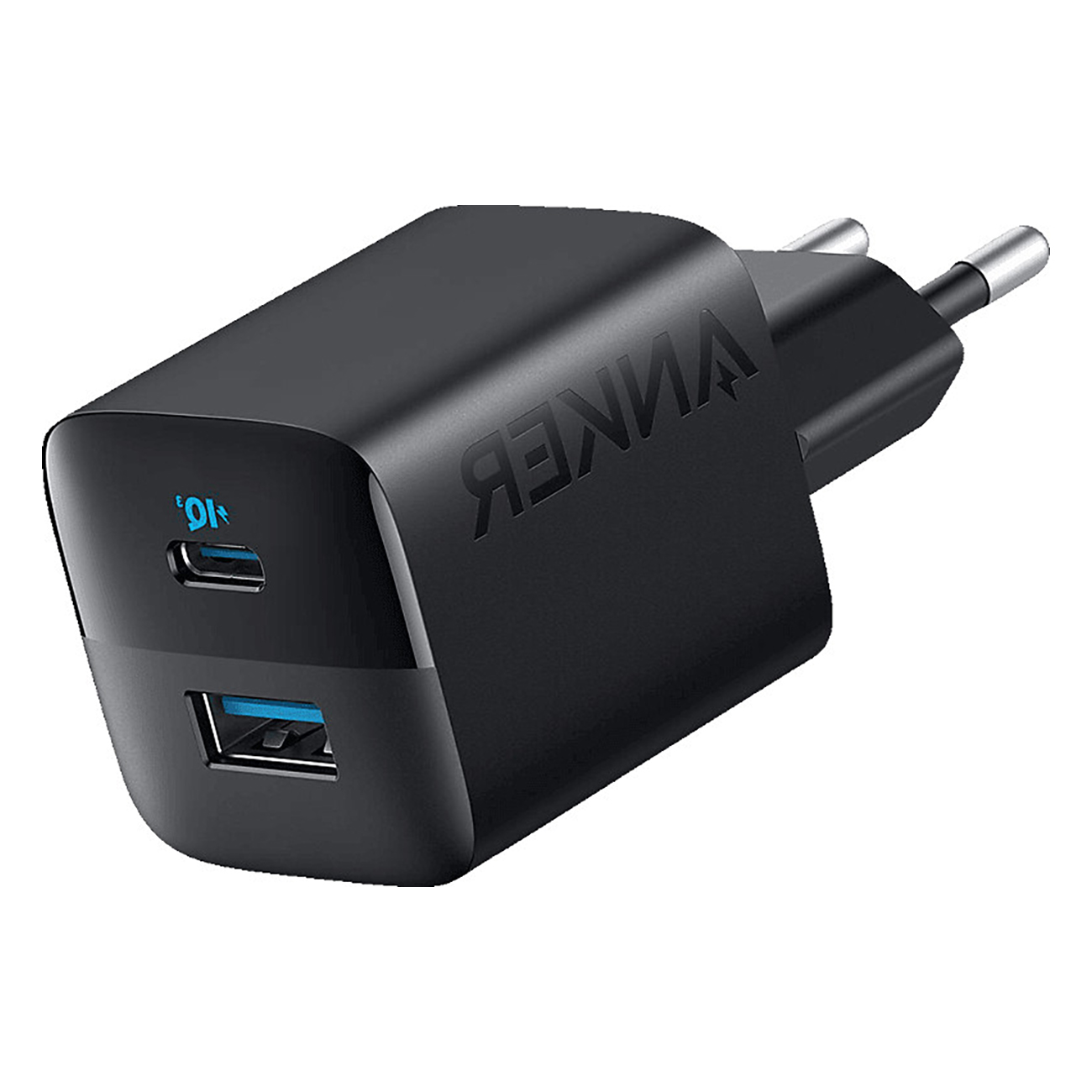 Un chargeur Anker noir avec un port USB-C et un port USB. Il a une prise standard.