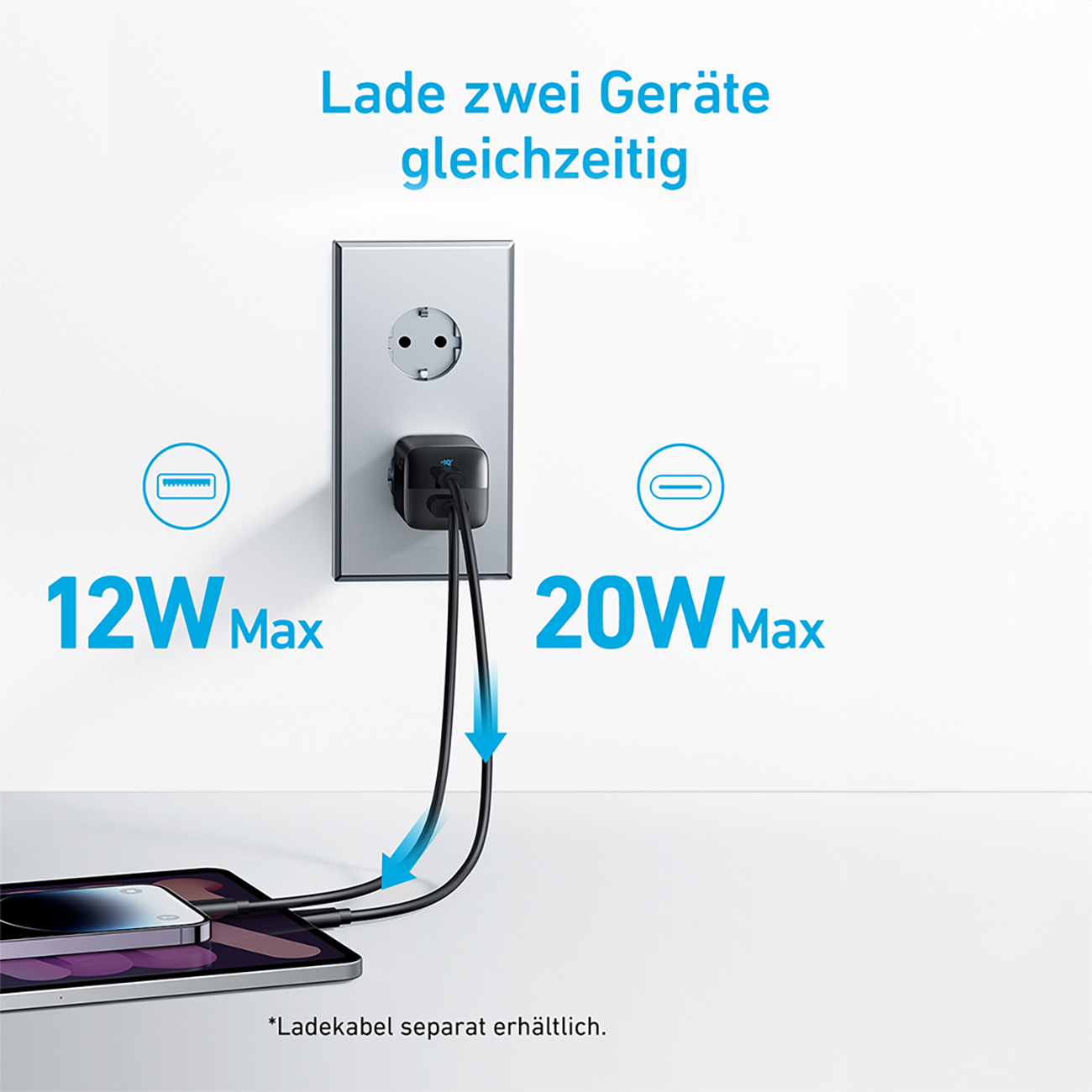 Un chargeur avec deux câbles connectés à une tablette et un téléphone, avec des étiquettes 12W et 20W Max.