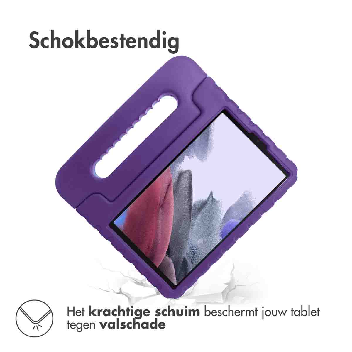 Paarse tablethoes, met tablet erin, en de tekst: Schokbestendig.