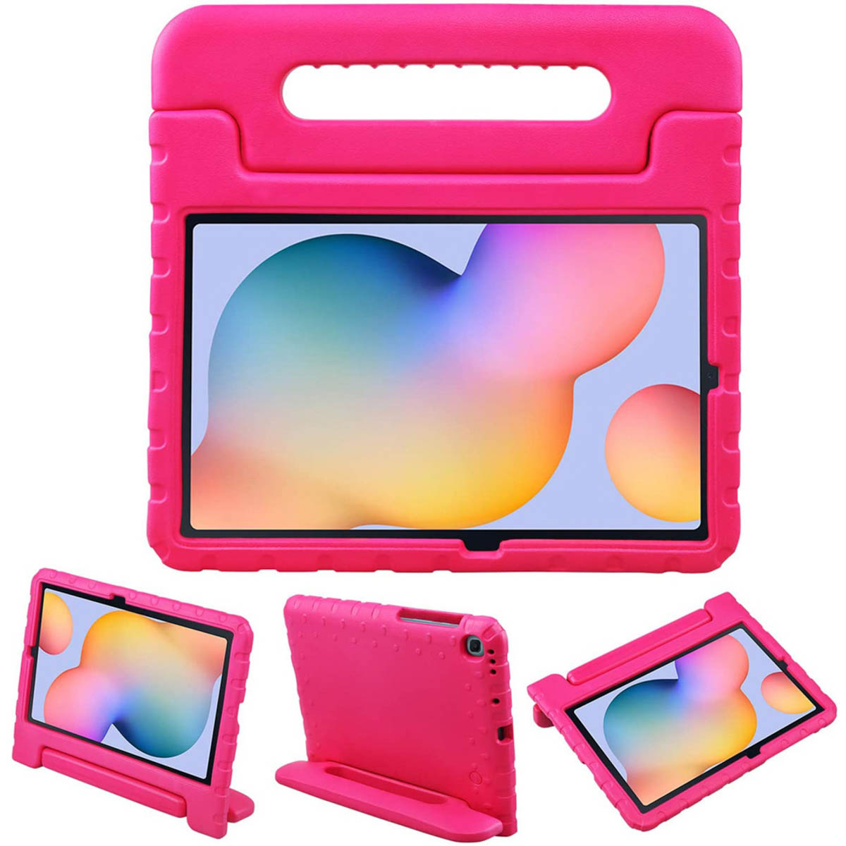 Roze tablethoes met een handvat. Meerdere hoeken tonen het ontwerp van de hoes.
