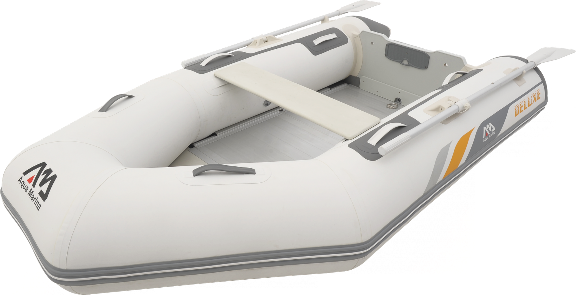 Weißes und graues Schlauchboot mit Aqua Marina Logo, auf weißem Hintergrund.