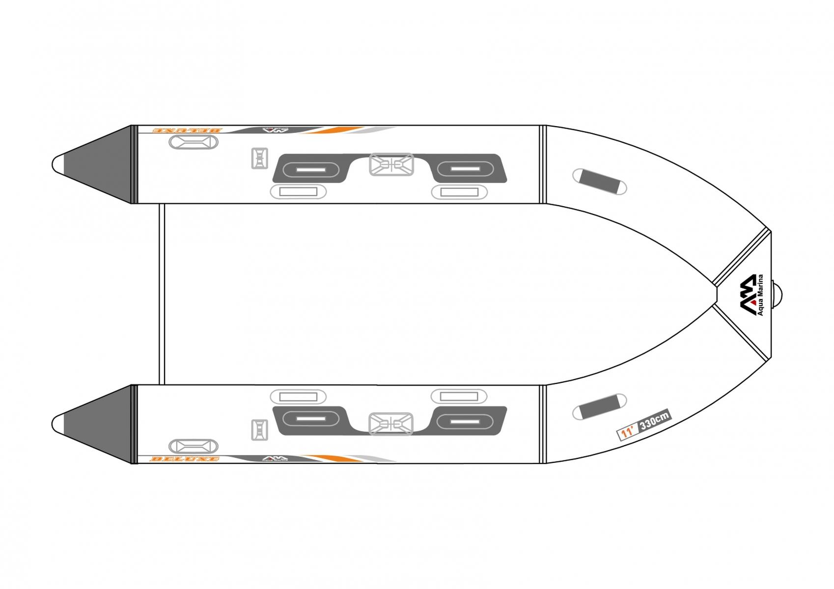 Draufsicht auf ein weißes Schlauchboot mit grauen und orangen Details.