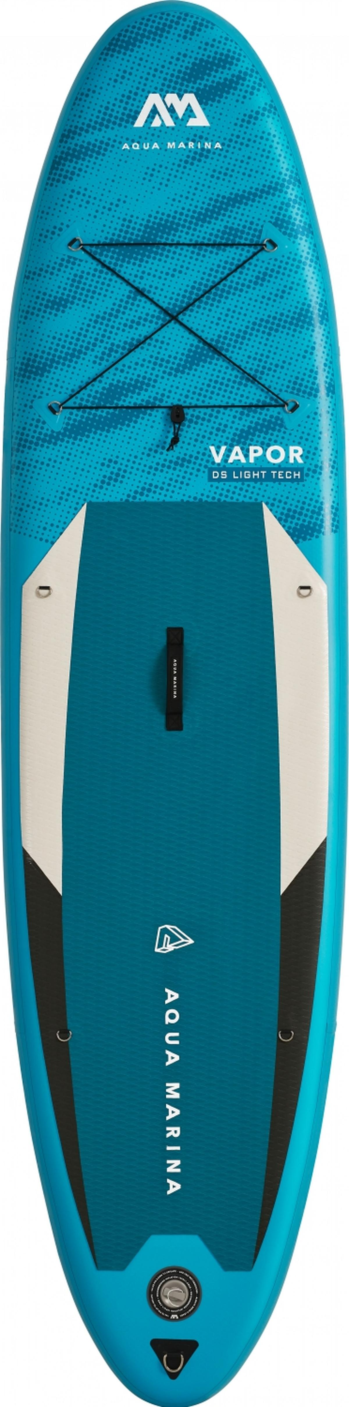 Ein blau-weißes Stand-Up-Paddleboard mit schwarzem Griff und hellblauem Hintergrund.