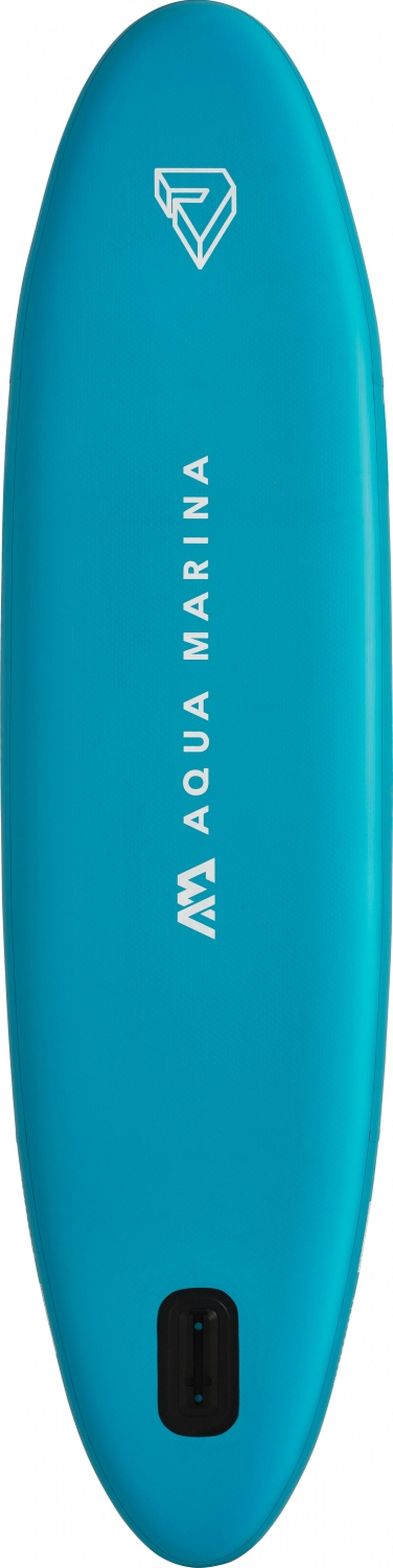 Ein blaues Stand-Up-Paddleboard mit dem Aufdruck 'AQUA MARINA' auf der Oberseite.