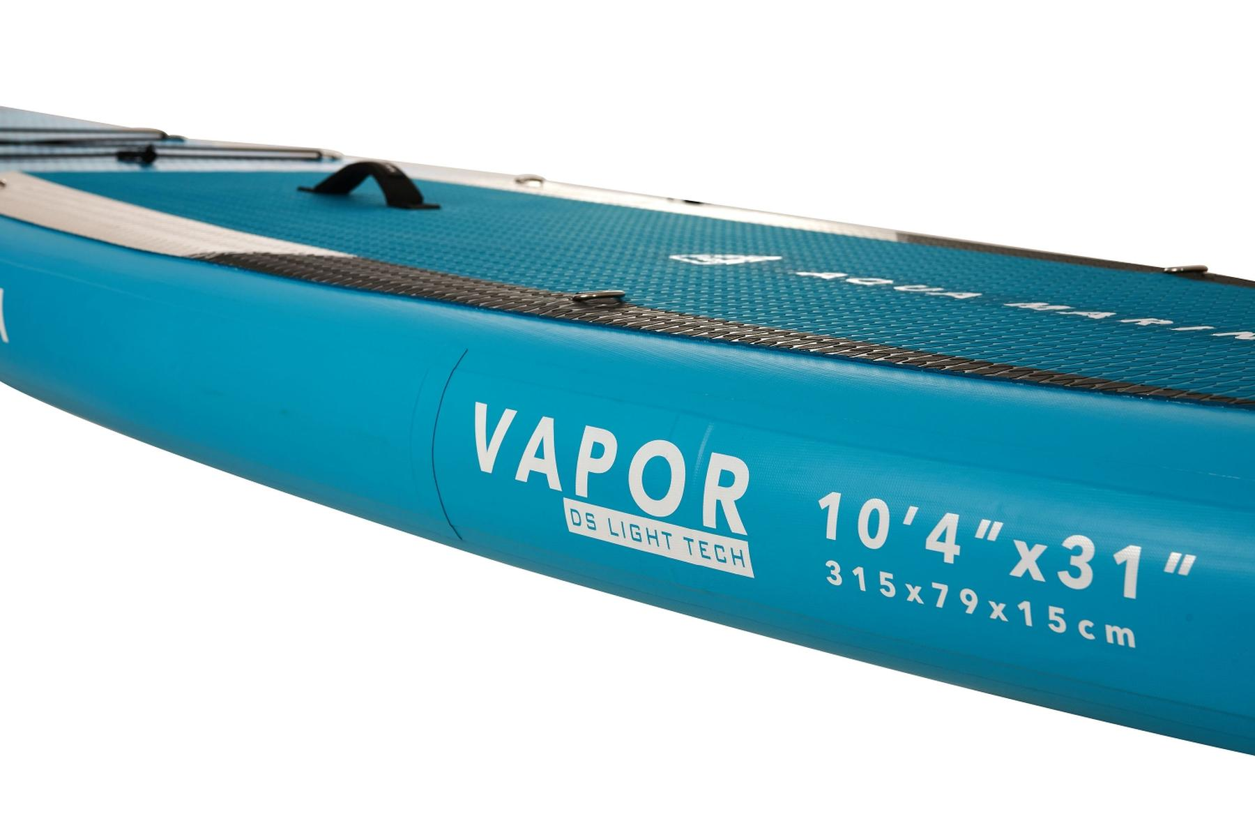 Blaues und weißes Paddleboard mit Text, der 'VAPOR' und '10'4"x31"' sagt.