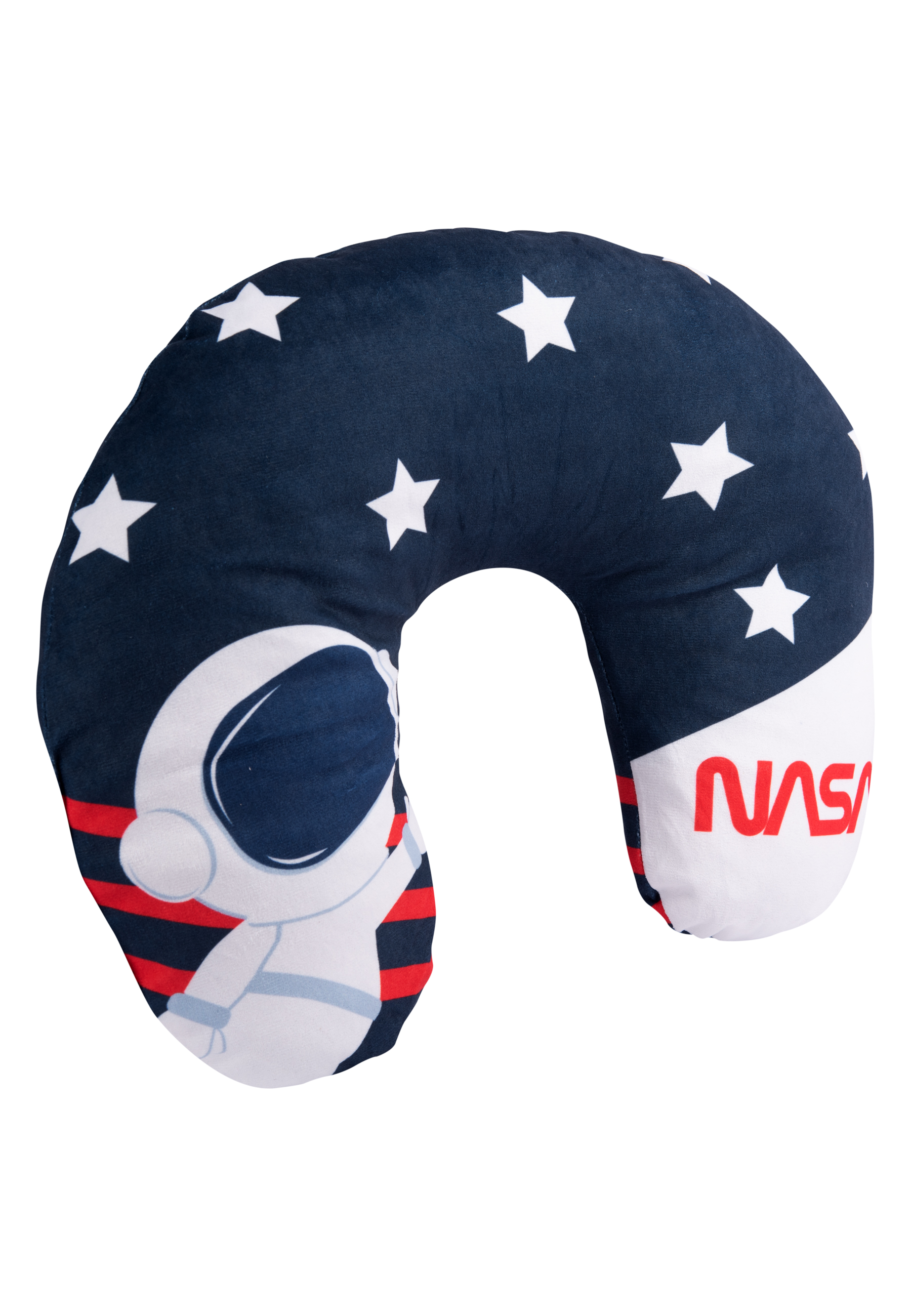 Ein blaues U-förmiges Nackenkissen mit weißen Sternen und einer NASA-Astronautenillustration. Das NASA-Logo ist sichtbar.