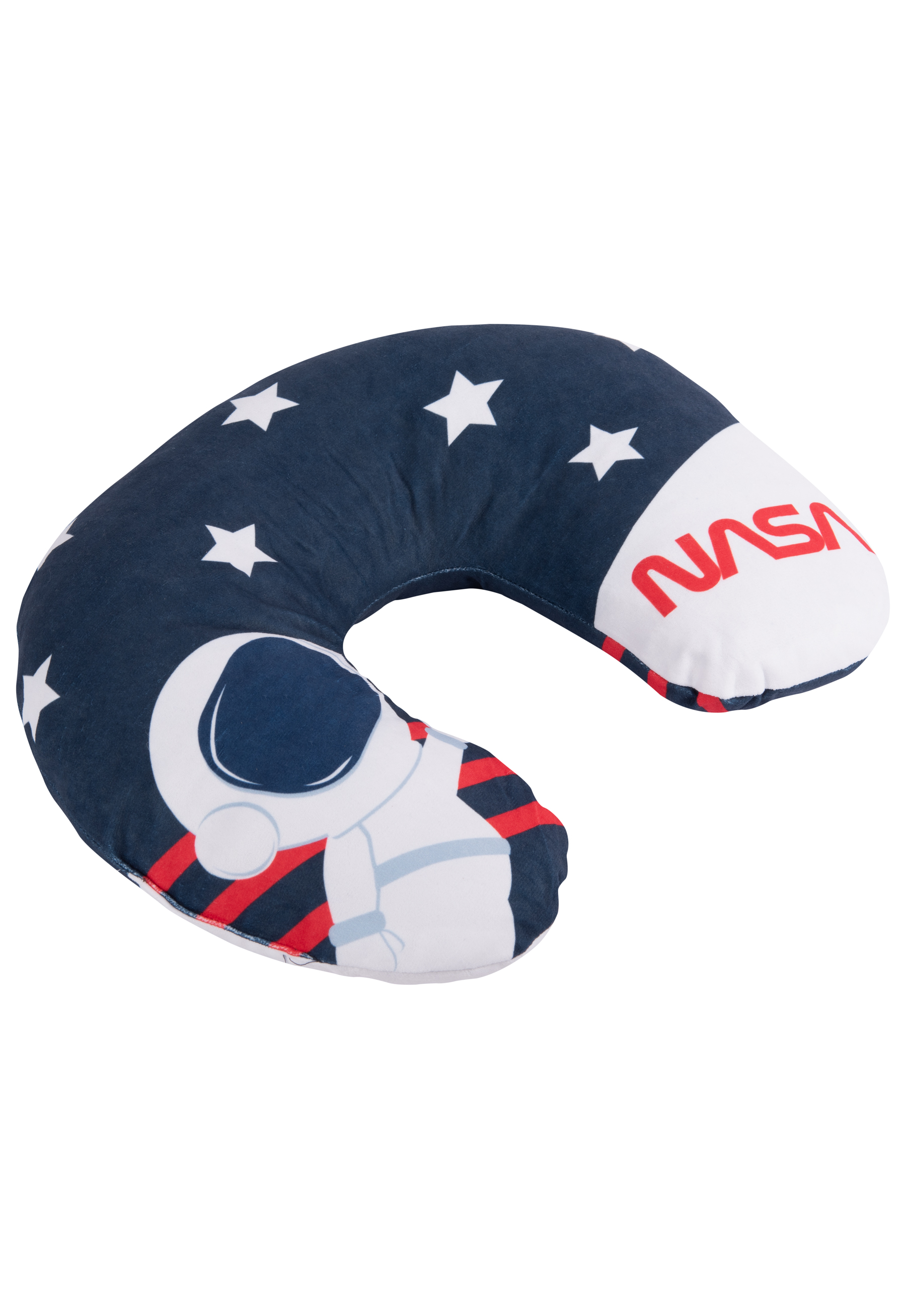 Ein marineblaues, U-förmiges Nackenkissen mit weißen Sternen und einem Astronautenaufdruck. Das NASA-Logo ist rot.