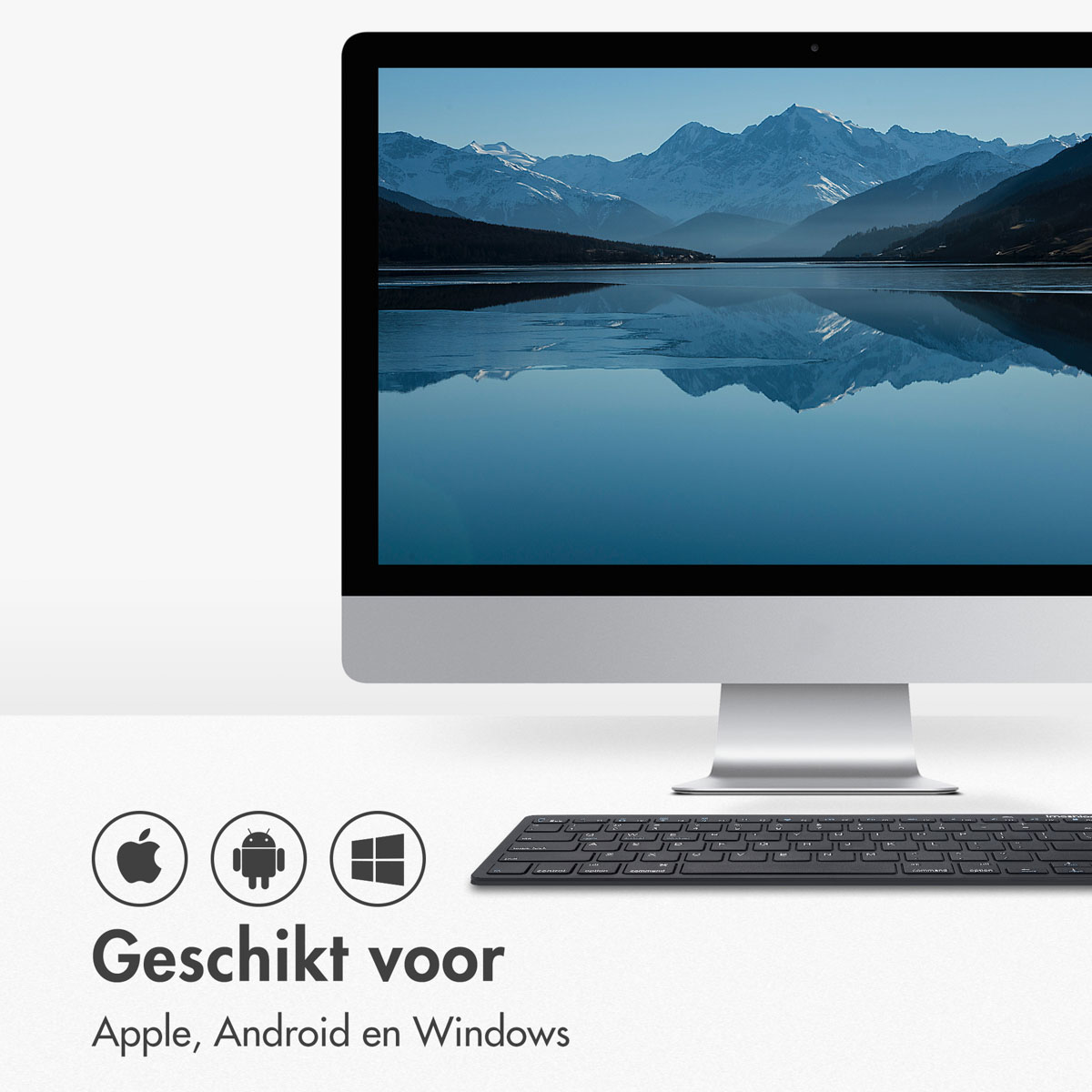 Computermonitor, toetsenbord en Apple-, Android-, Windows-iconen.