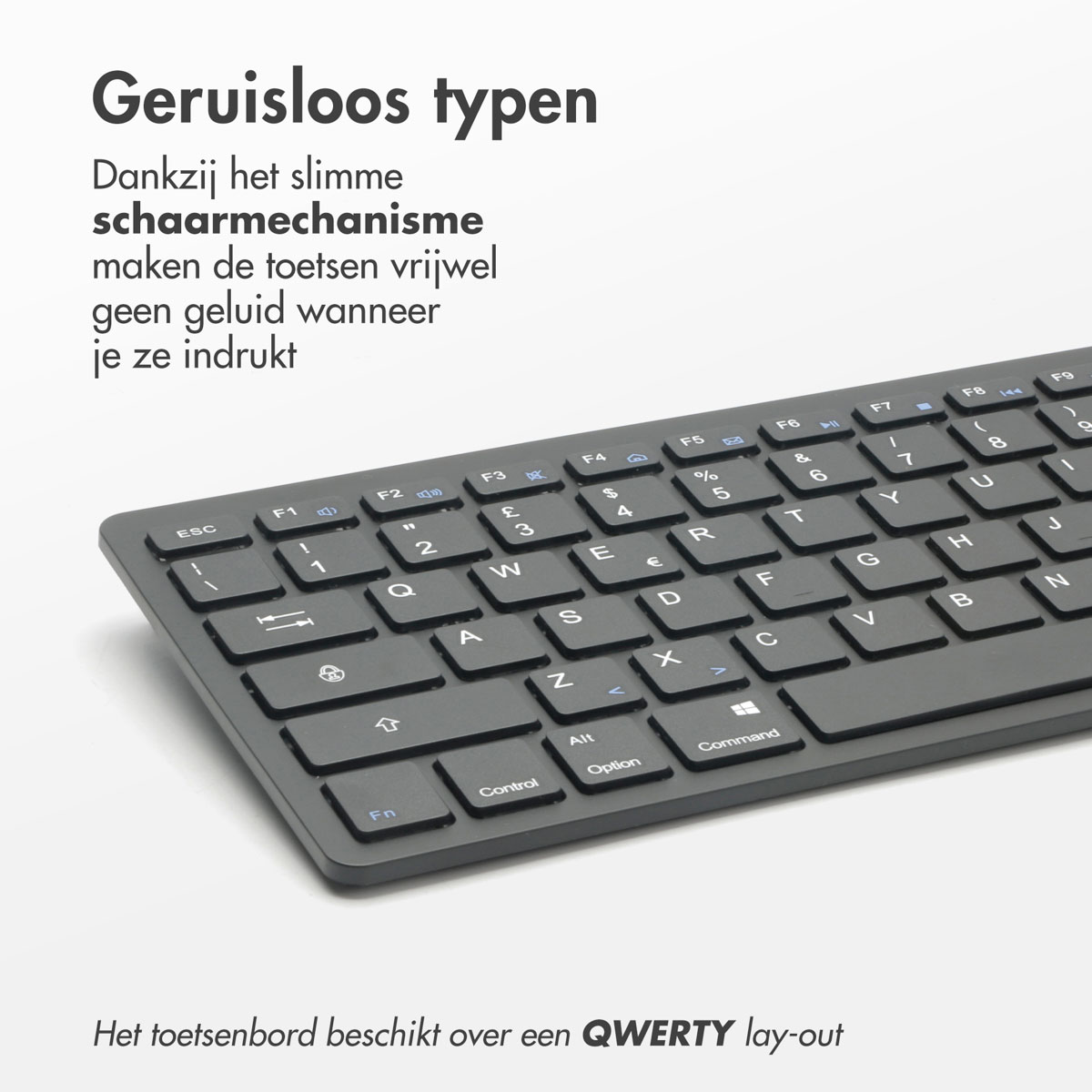 Zwart toetsenbord met QWERTY-indeling, toetsen zichtbaar. Tekst vermeldt stil typen.