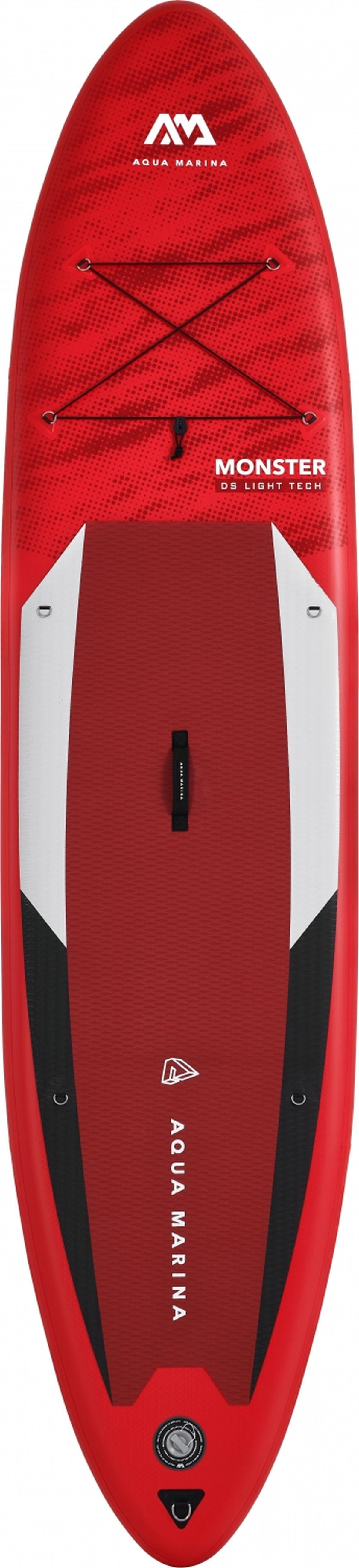 Ein rotes und weißes Stand-Up Paddleboard mit schwarzem Griff und dem Markennamen Aqua Marina.