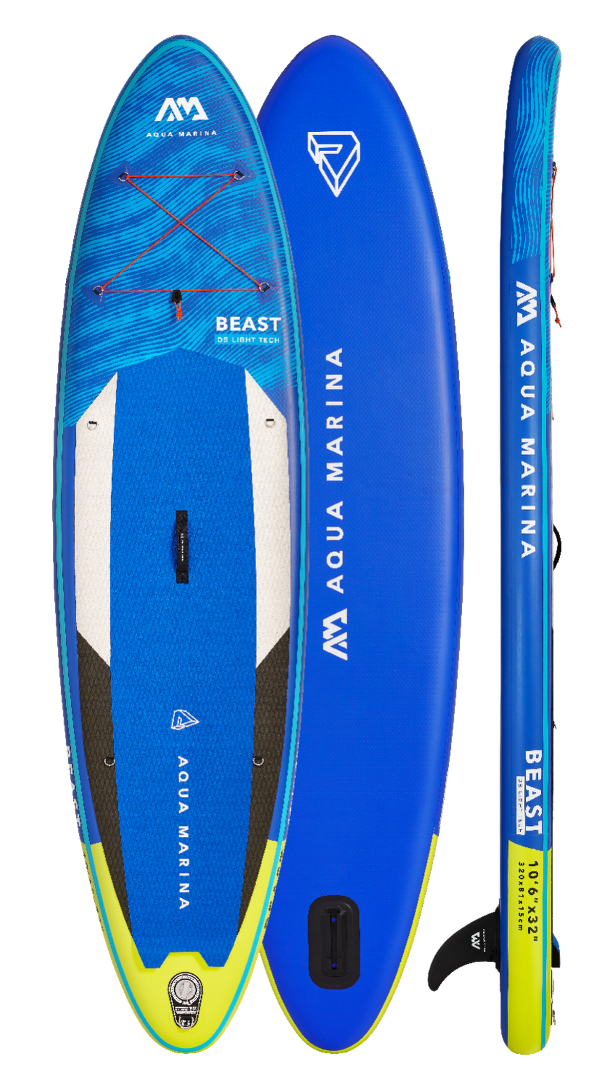 Blaue und weiße Stand-Up-Paddleboards. Die Boards haben eine rote Bungee-Schnur, und eine Finne ist angebracht.