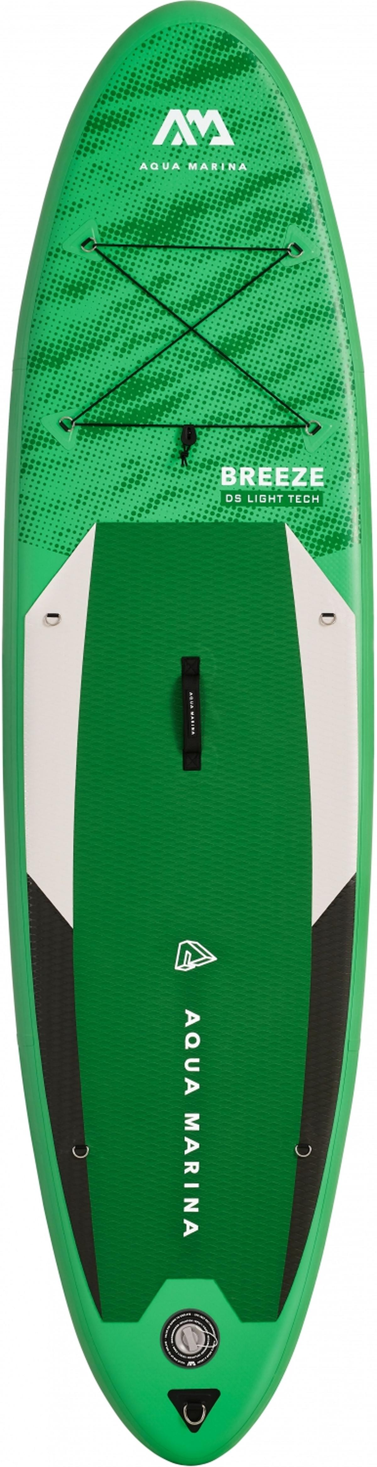 Grünes und weißes Paddle-Board mit grün gemusterter Oberseite. Schwarzer Griff und Gurte.