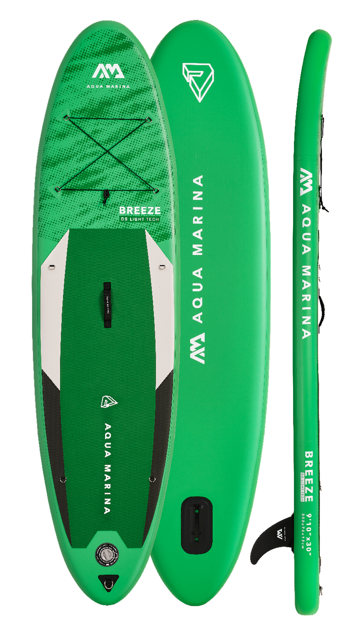 Grünes und weißes Stand-Up Paddleboard. Drei Ansichten, schwarzer Hintergrund.