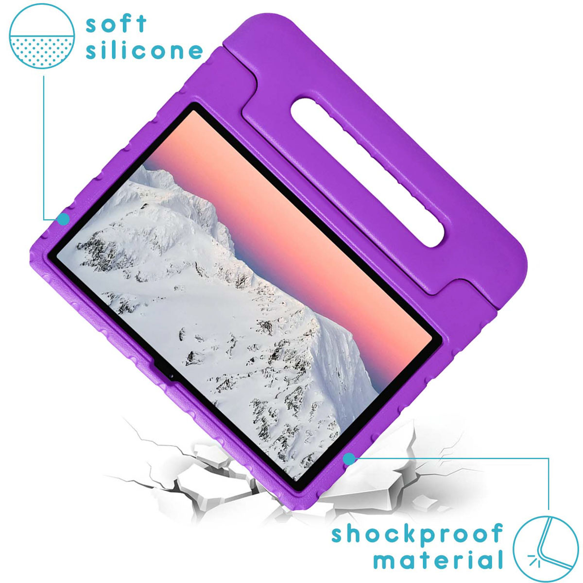 Paarse tablethoes met tablet erin. Het is schokbestendig.