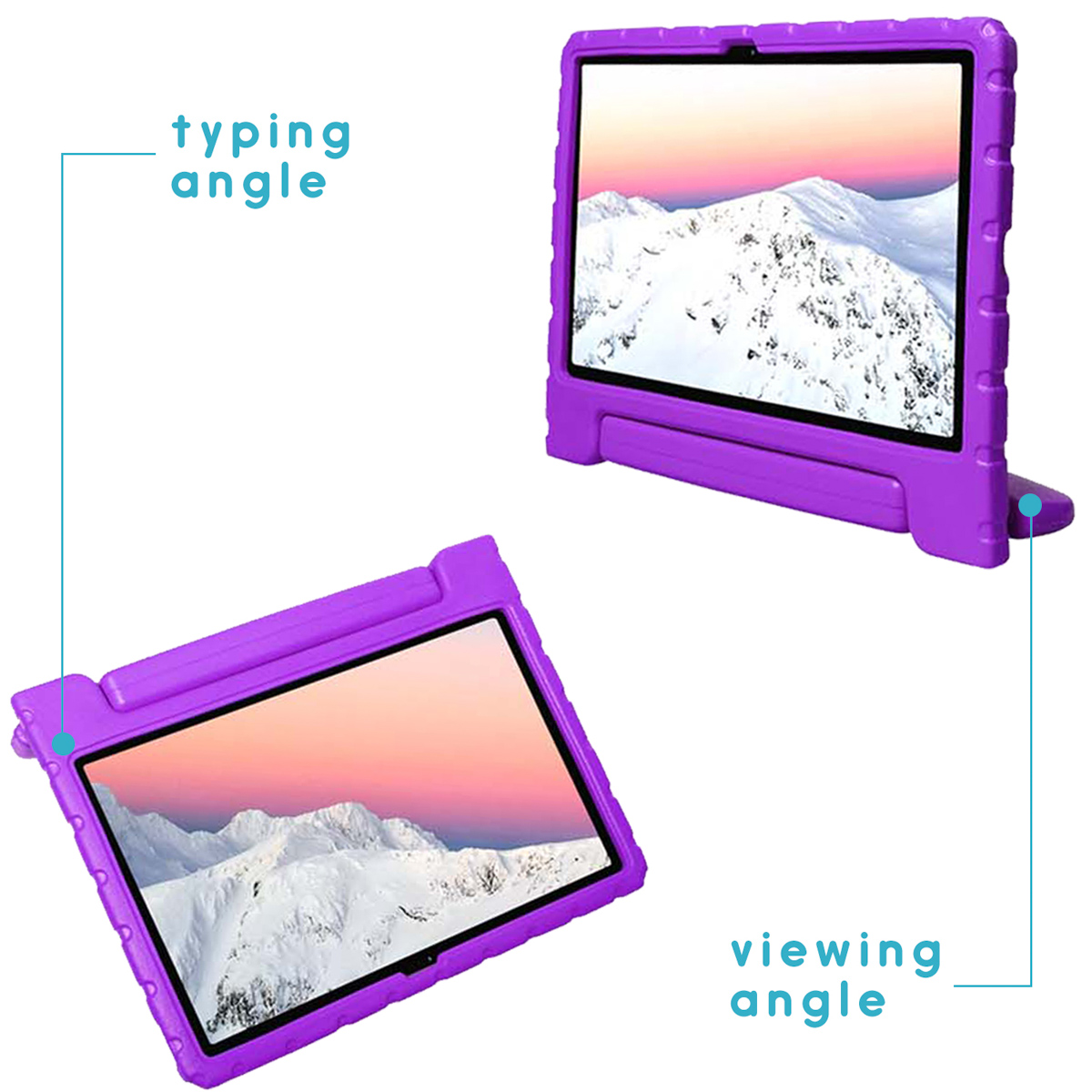 Twee paarse tablethoezen in verschillende posities. Elke hoes bevat een tablet. De scène is binnen.