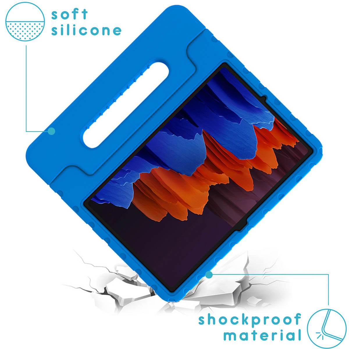 Een blauwe tablethoes houdt een tablet vast. De hoes is schokbestendig en gemaakt van zachte siliconen.