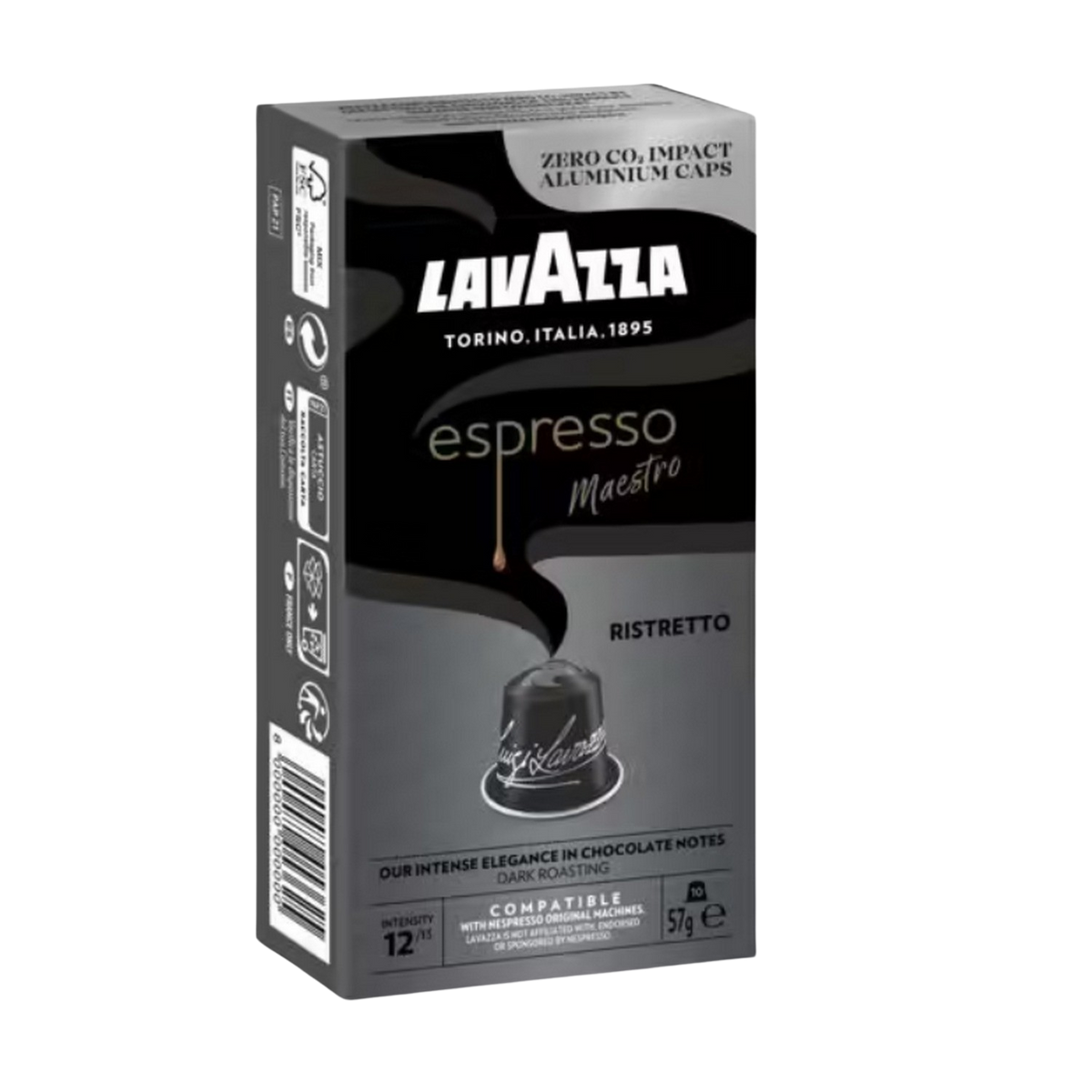 Una caja de café Lavazza negra y gris con cápsulas de espresso, sobre un fondo blanco.