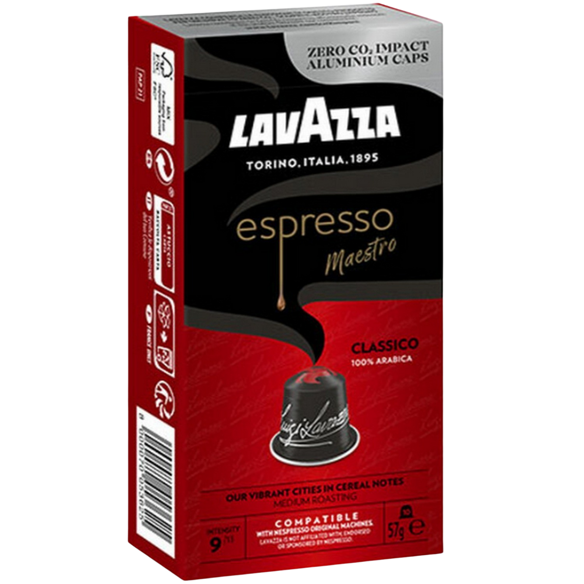 Una scatola di capsule di caffè nera con il marchio Lavazza Espresso Maestro.