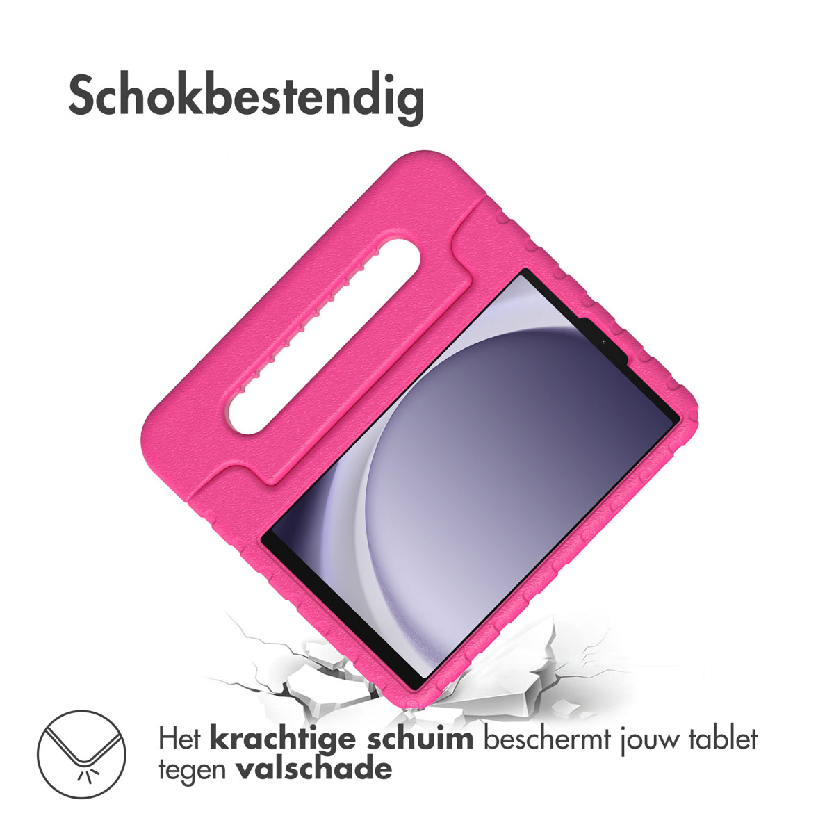 Een roze tablethoes houdt een tablet vast. De hoes is schokbestendig en beschermt de tablet tegen vallen.