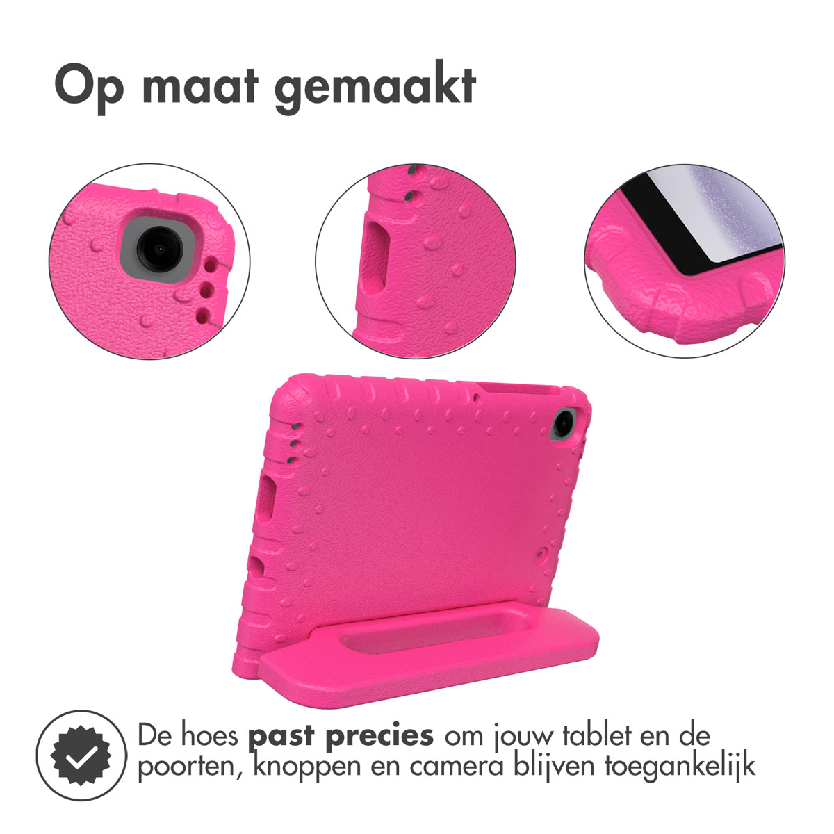 Roze tablethoes met een standaard. Close-up beelden van camera, knoppen en poorten.