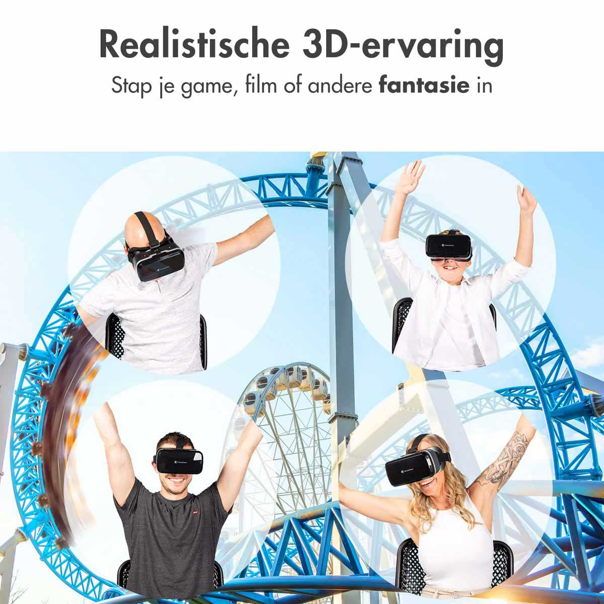 People wearing VR headsets on a roller coaster. Text: Realistic 3D experience.