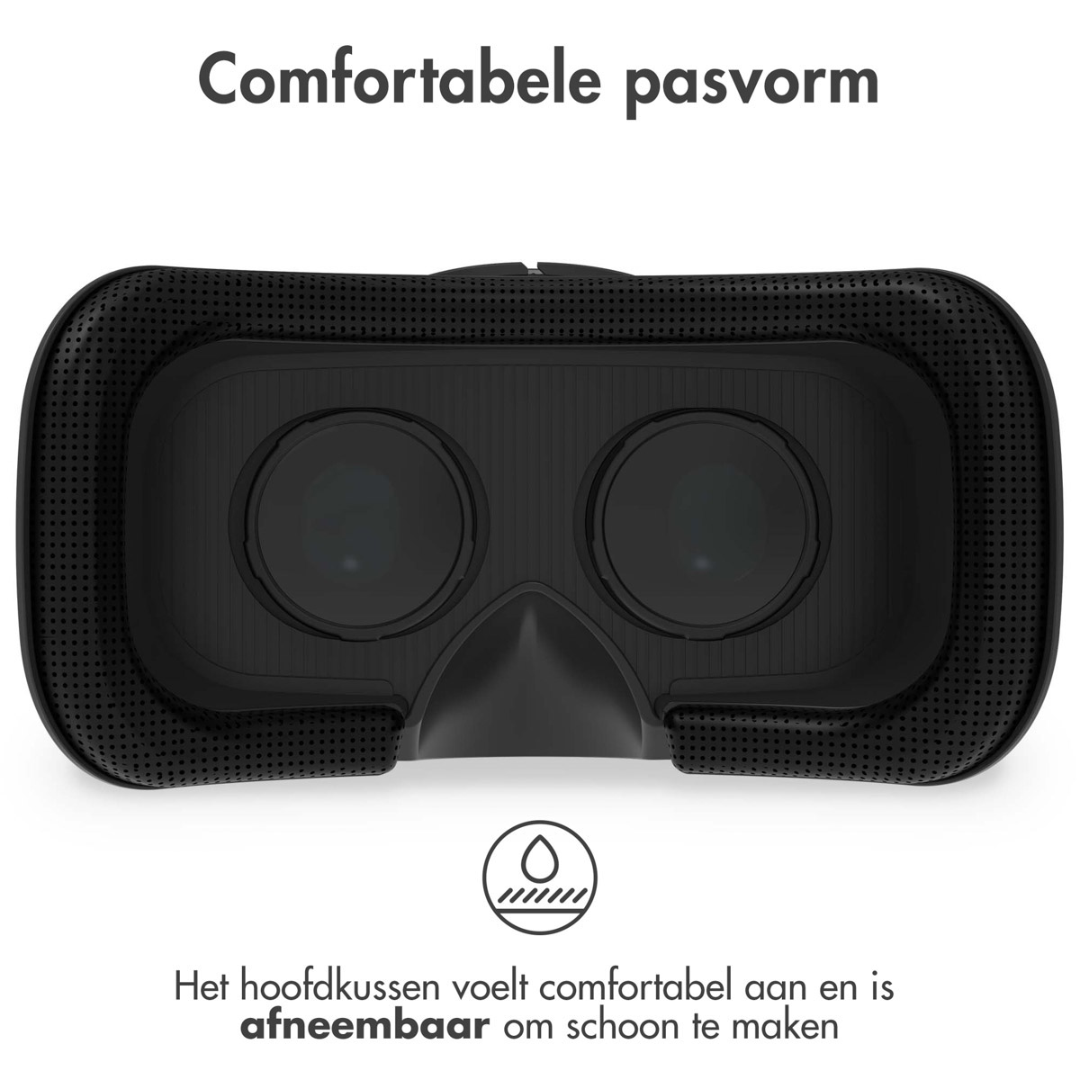Black VR headset. The description mentions the comfort of the head cushion.