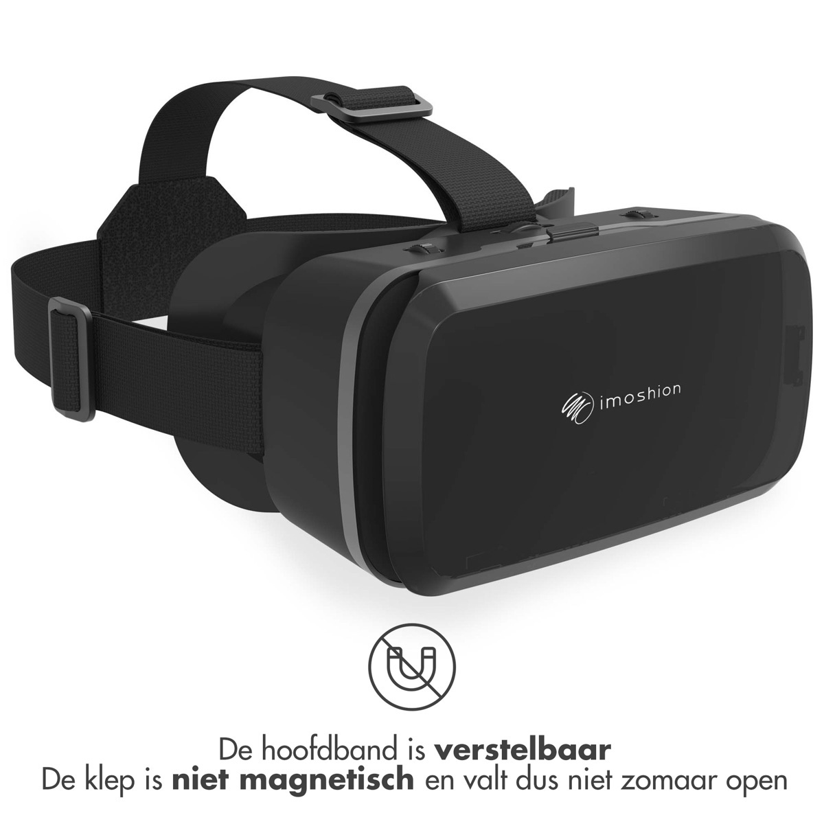 Black VR headset. Text says adjustable headband, not magnetic.