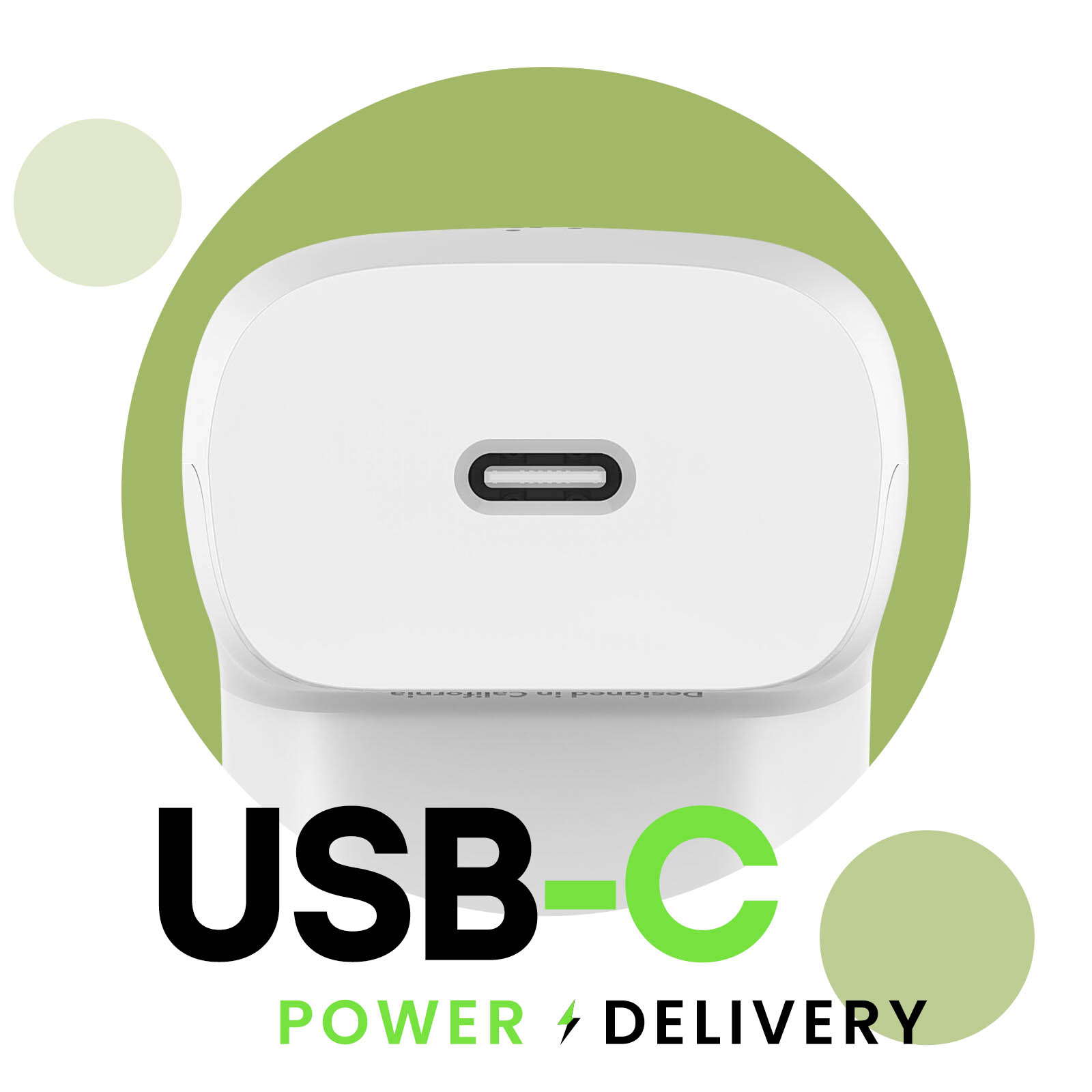 Un adattatore di alimentazione USB-C bianco con un cerchio verde e testo: USB-C Power Delivery.