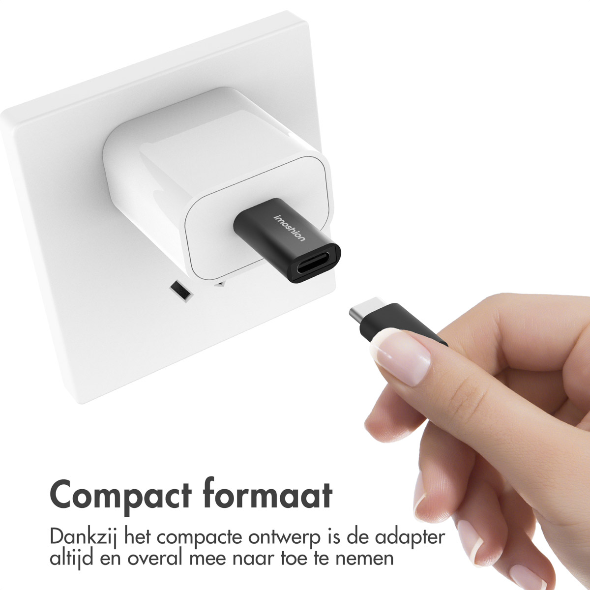 A black adapter plugged into a wall outlet. Text says compact size.