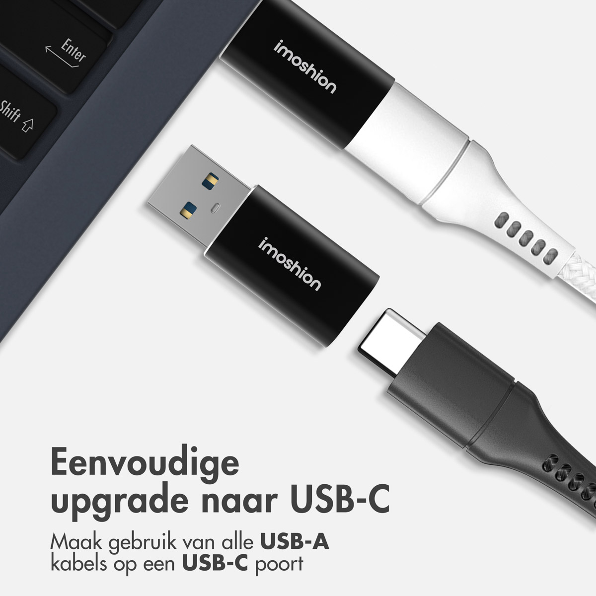 Two black and white USB cables. One is connected to a laptop. Text says 'Eenvoudige upgrade naar USB-C'.