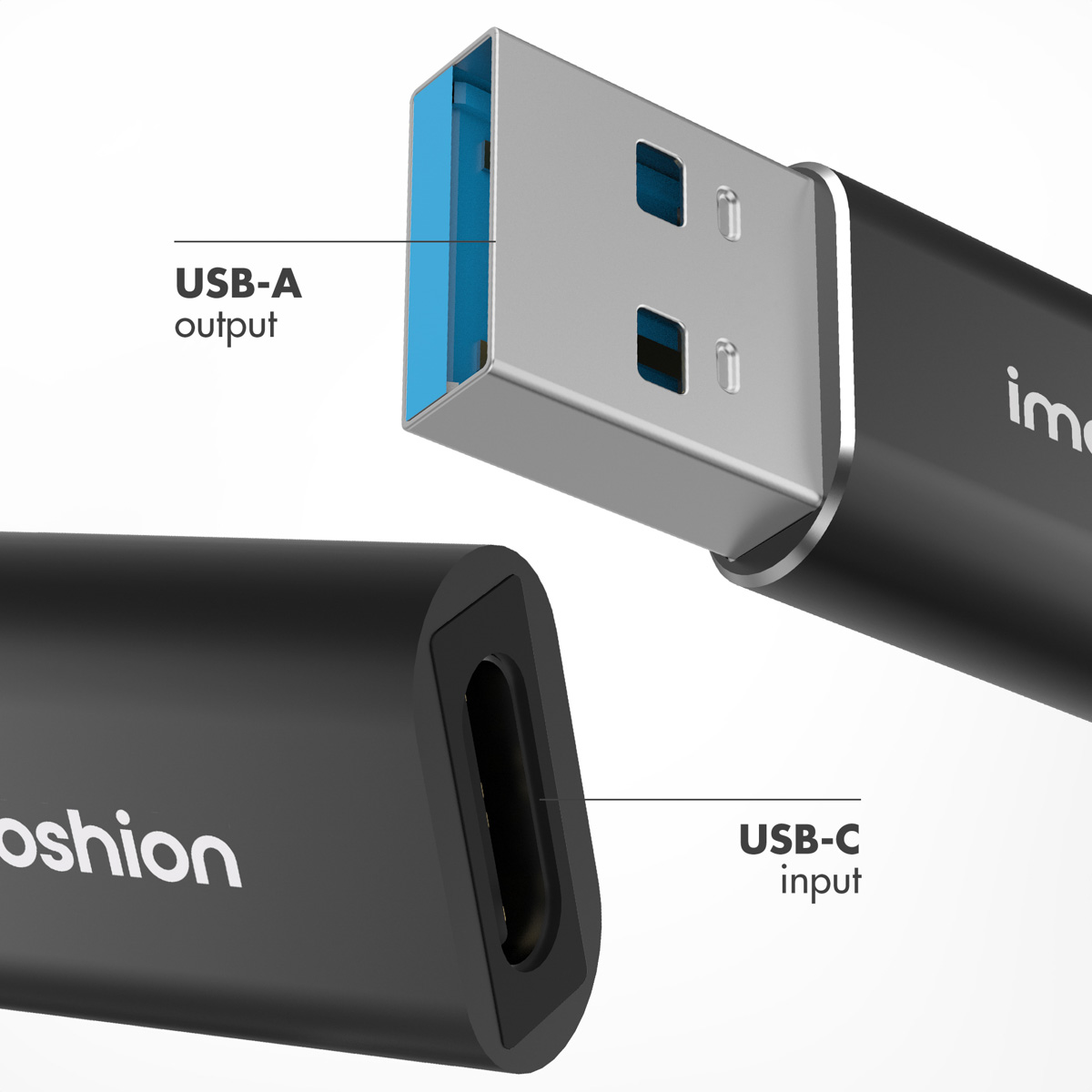 A black USB adapter with a USB-A output and a USB-C input.